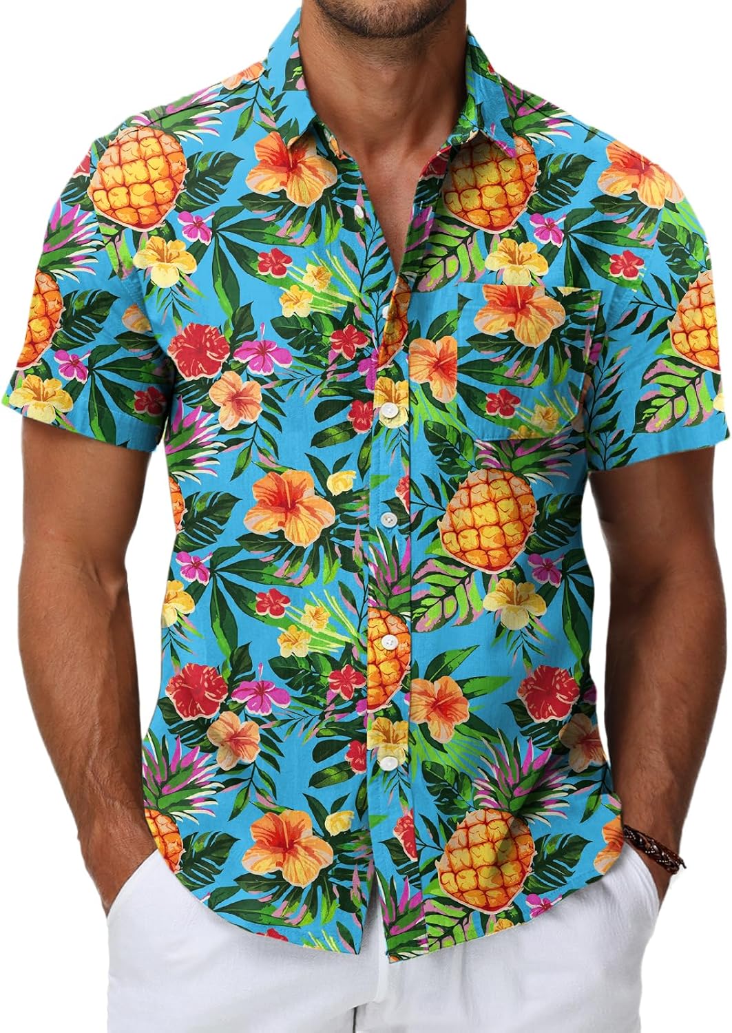 Detalle de HMIYA Hawaii Hemd für Herren – 100% Baumwolle, Kurzarm, Button-Down, Vordertasche