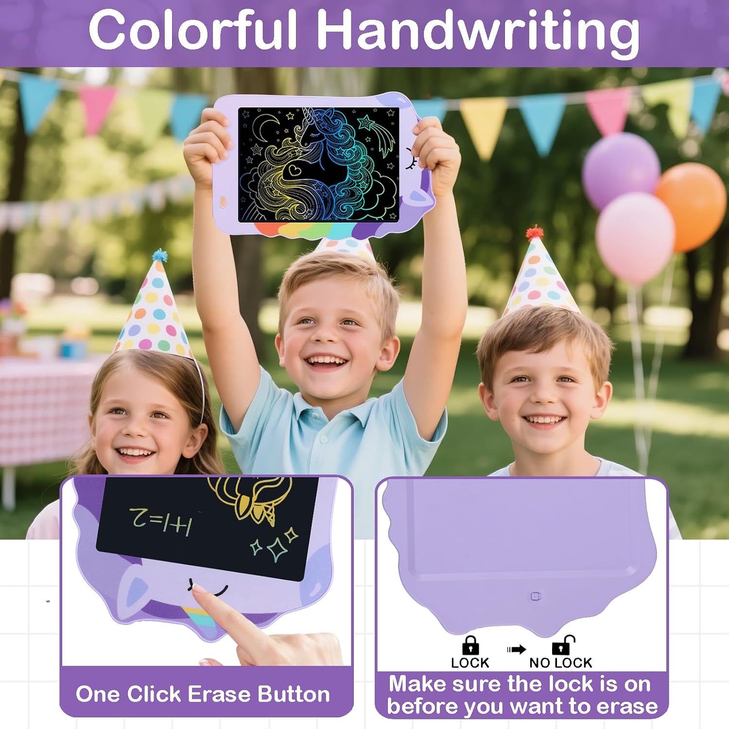 Detalle de Decute KM806 LCD Writing Tablet, 8.5-Inch Purple Unicorn Doodle Board