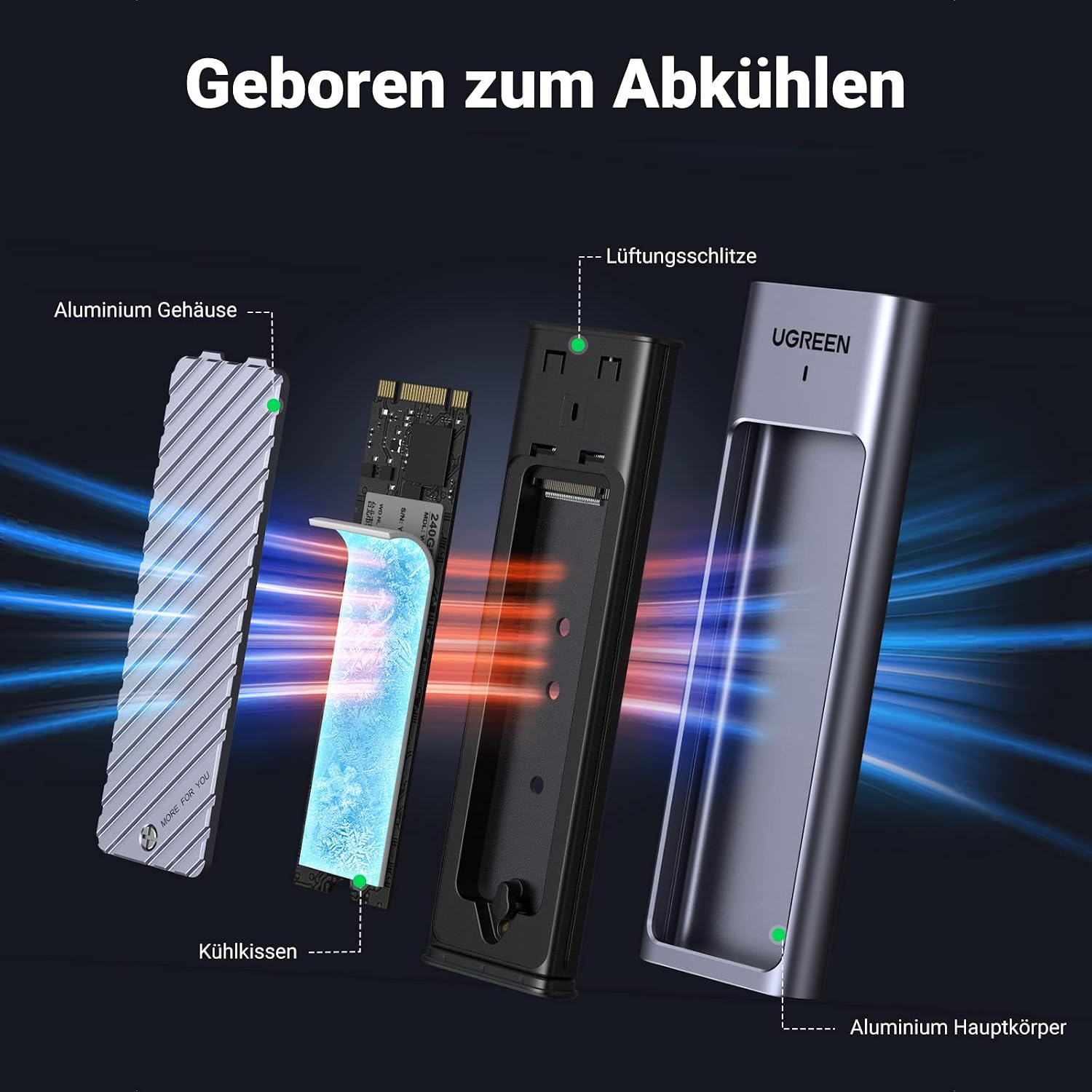Detalle de UGREEN M.2 NVMe/SATA SSD Gehäuse USB 3.2 Gen 2 (10 Gbps) aus Aluminium mit Kühlkissen