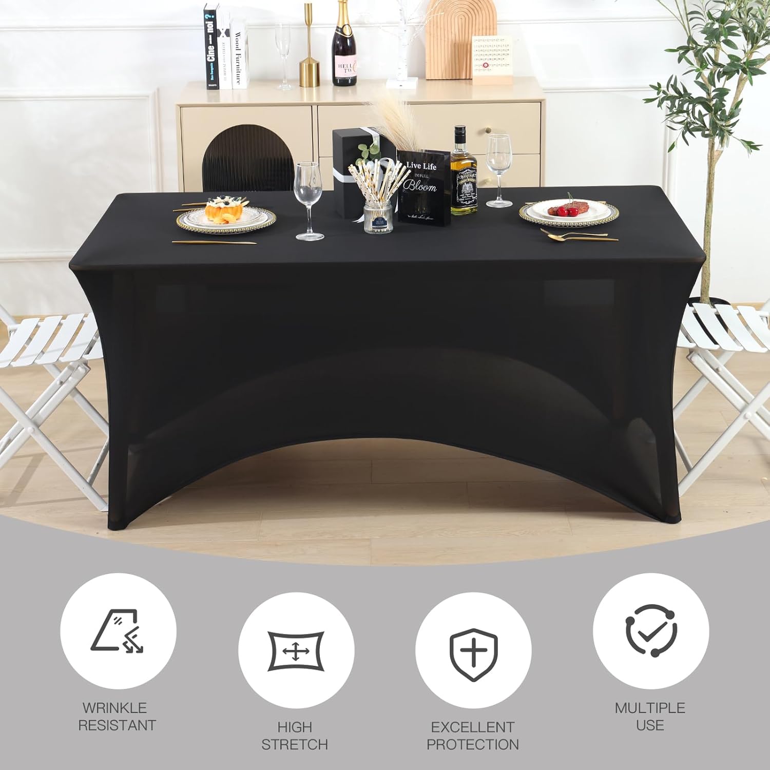 Thumbnail 4 de Fixwal 6 Pack Black Spandex Table Cover for 6-Foot Rectangle Tables (Fitted, Wrinkle-Free, Stretch)