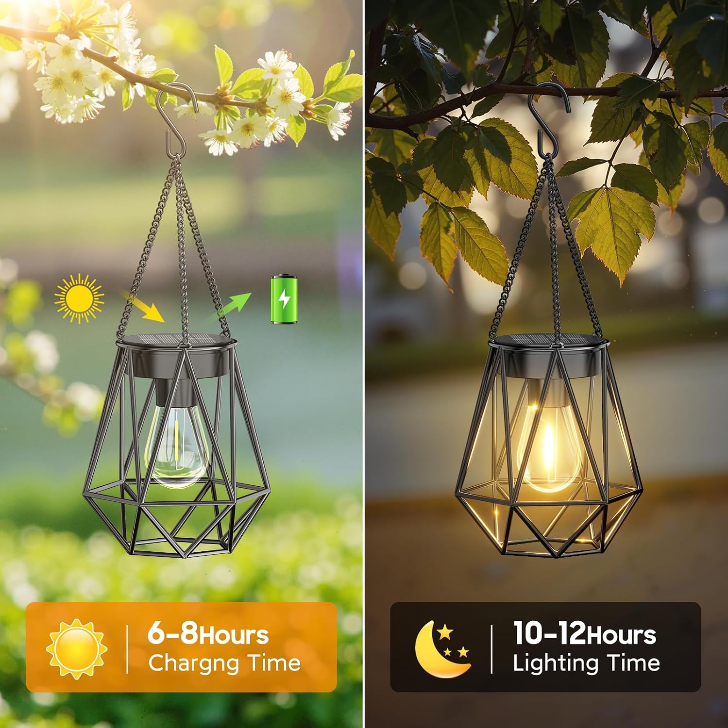 Detalle 2 de RECHOO Garten Solarlampen für Außen – 2 Stück, Hängende Metalllaternen mit LED-Glühbirne, IP65