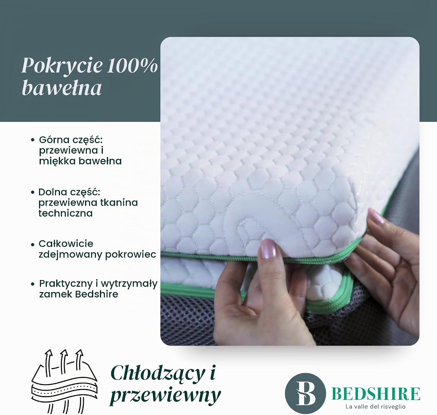 Detalle 1 de Bedshire Topper 180x200 – nakładka z pianki memory HD, 6 cm, bawełniany pokrowiec