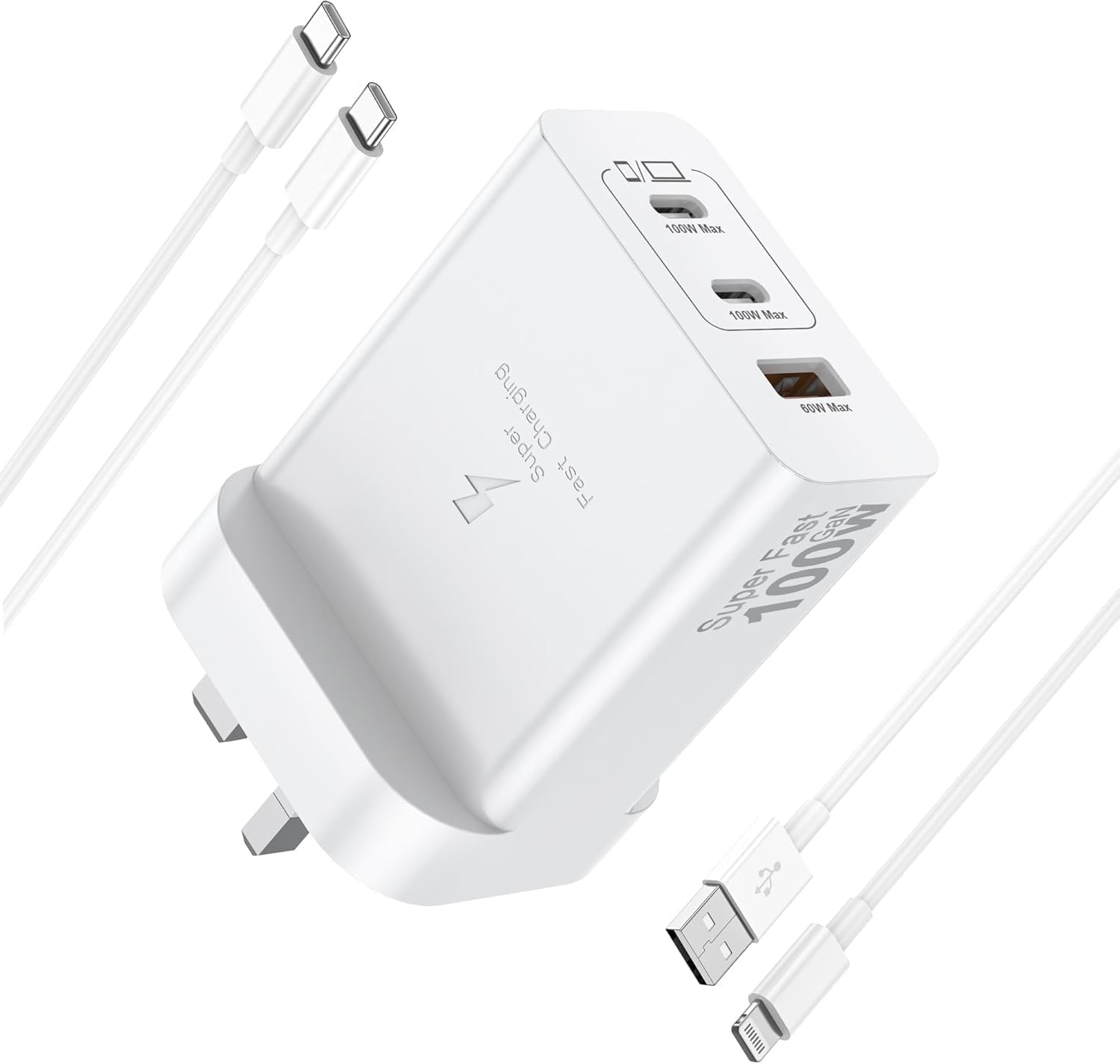 Detalle de iPhone Charger Fast Charge USB C Plug 100W with 100W USB-C Cable & Lightning Cable – UK 3-Port Multi-Charger
