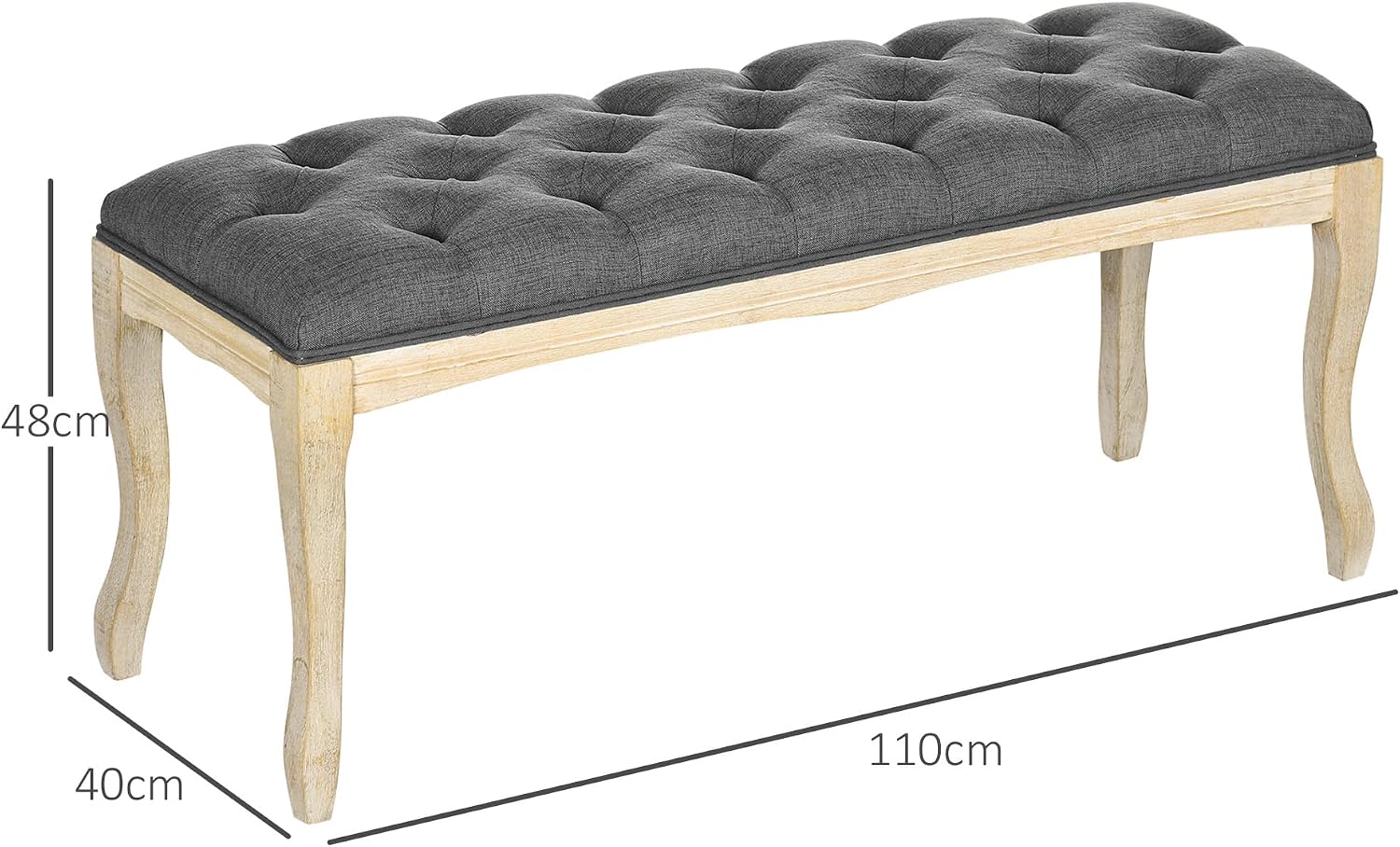 Detalle de HOMCOM banquette capitonnée en lin style classique chic, 110 cm, piètement en bois d’hévéa sculpté