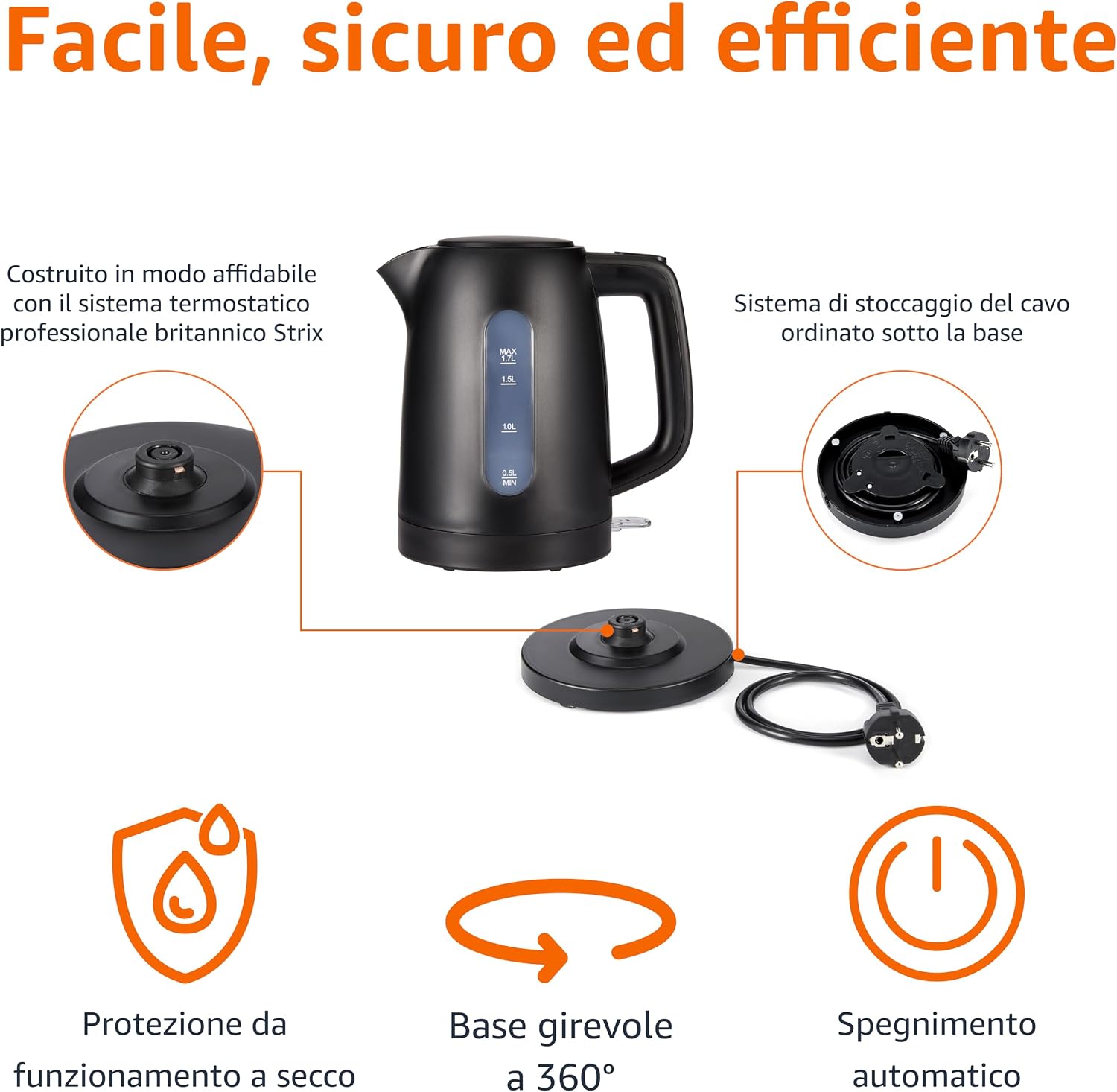 Detalle de Amazon Basics Bollitore Elettrico 1,7L 2200 W: pratico, sicuro e con base girevole
