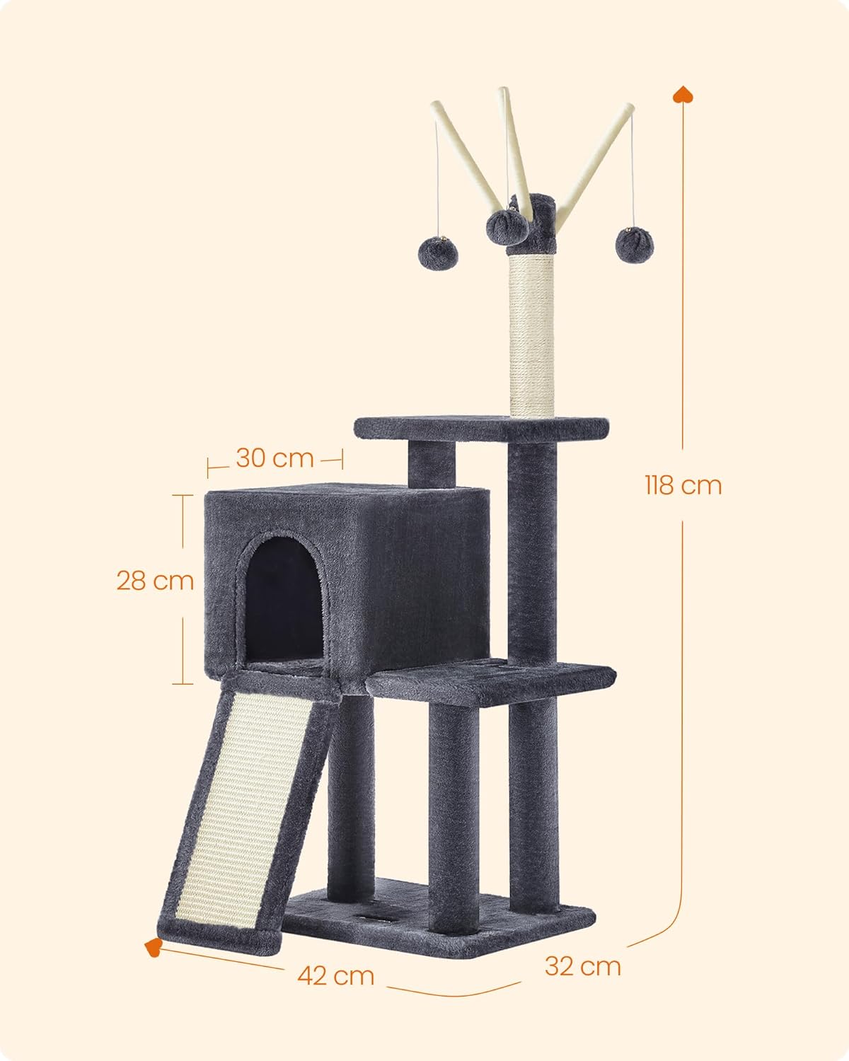 Thumbnail 6 de Feandrea Tiragraffi per Gatti con Albero a Molti Livelli e Grotta – Grigio Fumo 42 x 32 x 118 cm