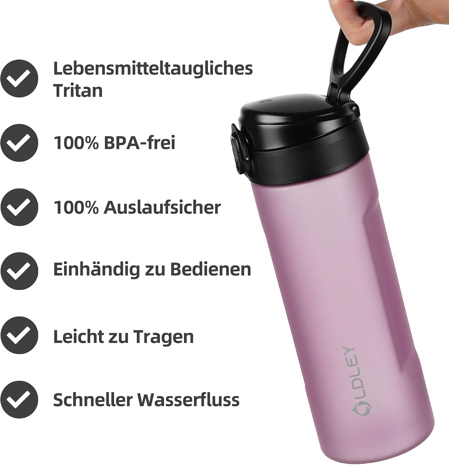 Detalle de OLDLEY Wasserflasche 650 ml mit Sieb – auslaufsichere Tritan-Trinkflasche ohne BPA
