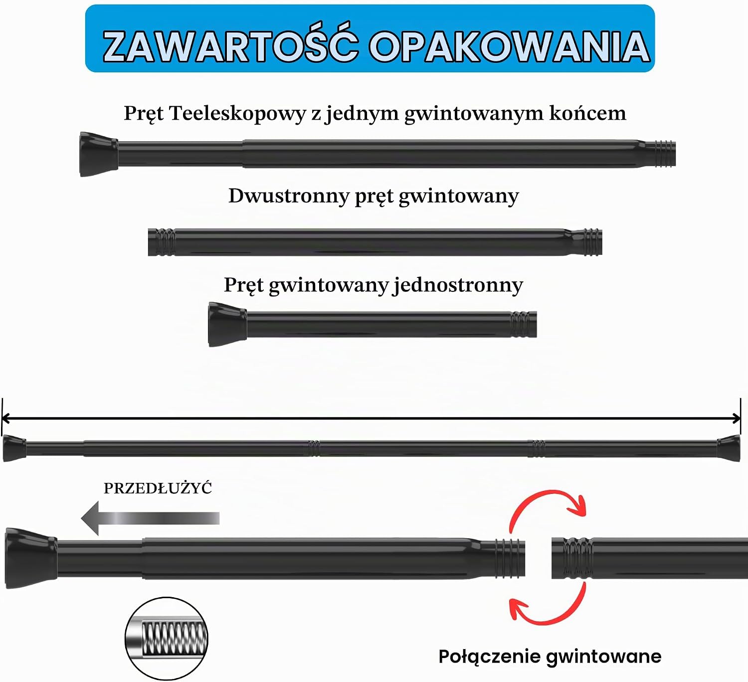 Detalle de Venwemong NO2-8040-14 – teleskopowy drążek rozporowy 72–175 cm, stal nierdzewna