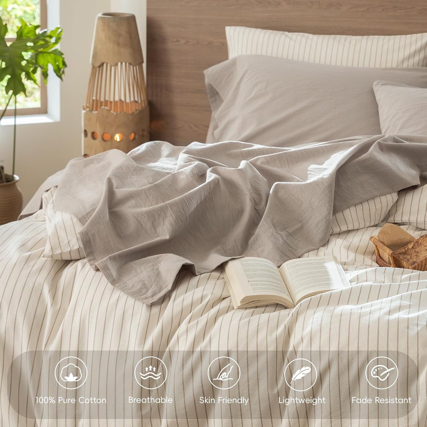 Detalle 2 de MOOMEE MooMee 100% Washed Cotton Sheet Set (Queen, Heathered Cream Grey)