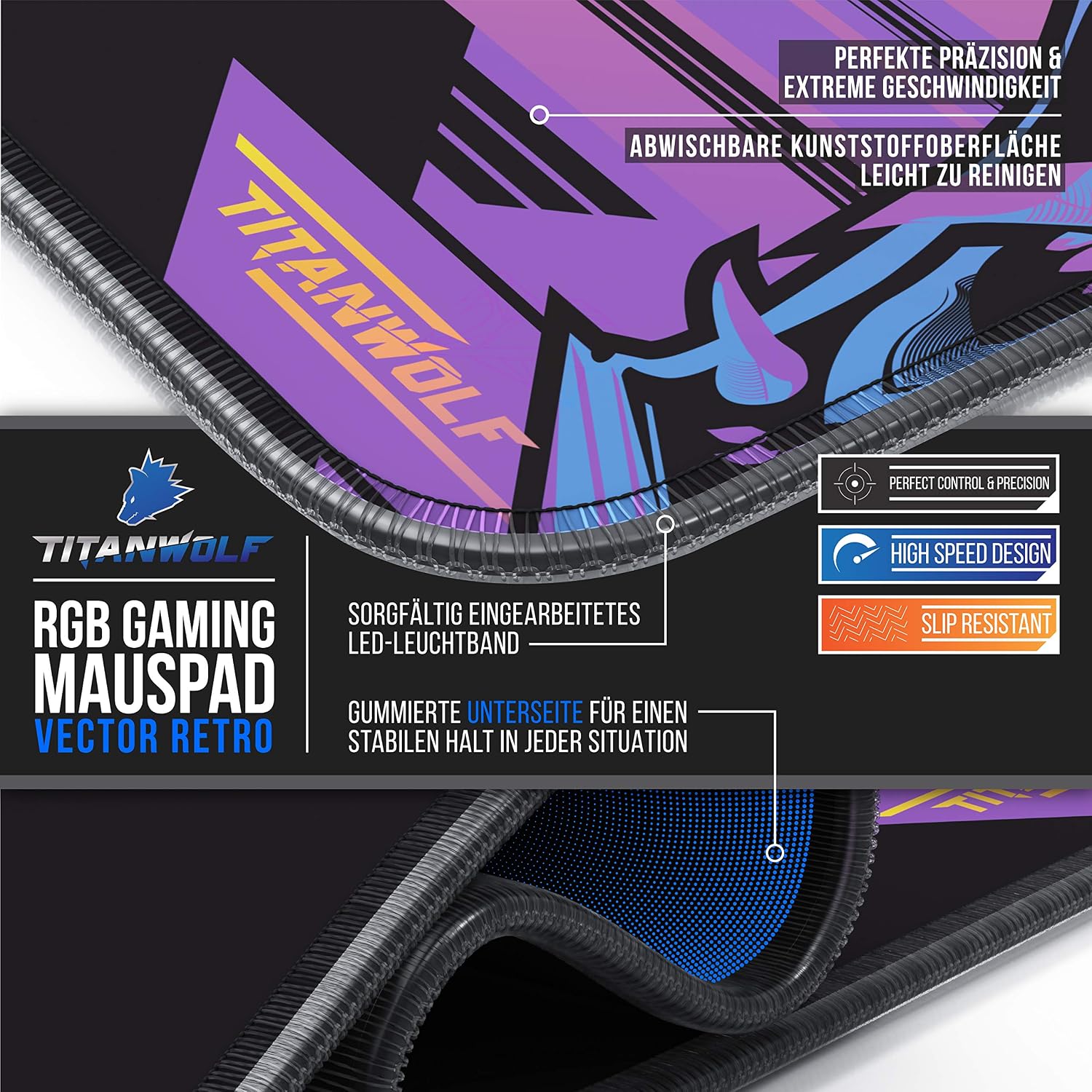 Detalle de Titanwolf RGB Gaming Mauspad – XXL 800x300 mm mit LED-Beleuchtung und sieben Farben