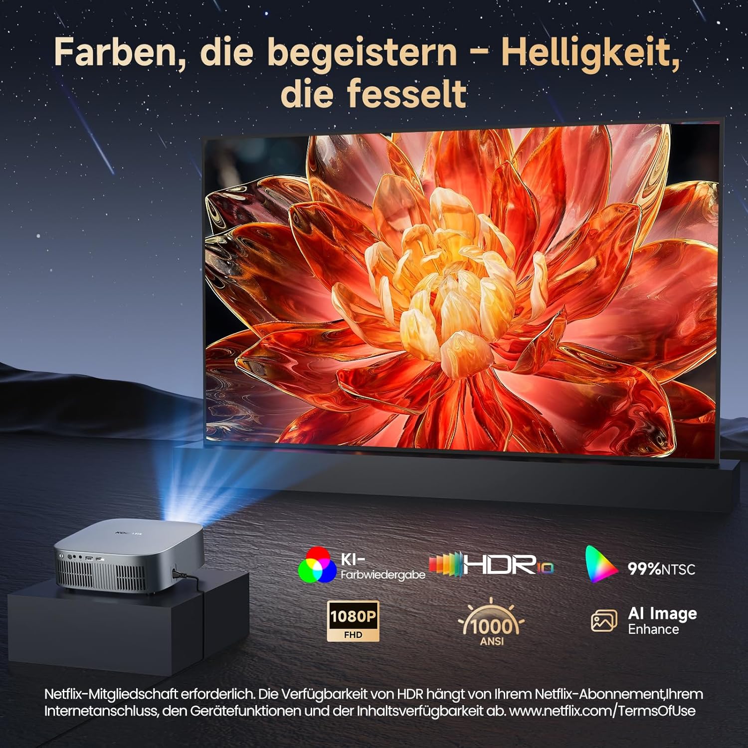 Detalle de KOGATA Smart Beamer 4K (Kurzdistanz) mit Autofokus, 6D-Trapezkorrektur, Netflix & Dolby Audio
