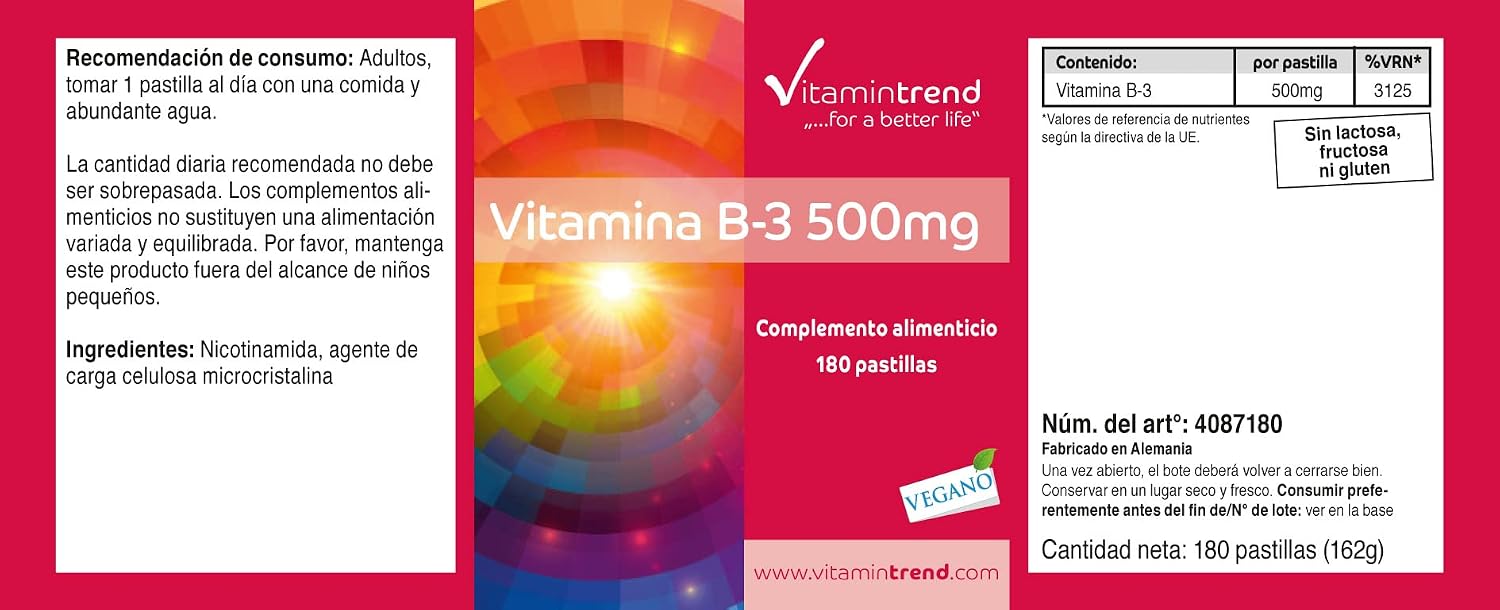 Detalle de Vitamintrend Vitamin B3 500 mg – 180 Tabletten, vegan, hochdosiert, made in Deutschland