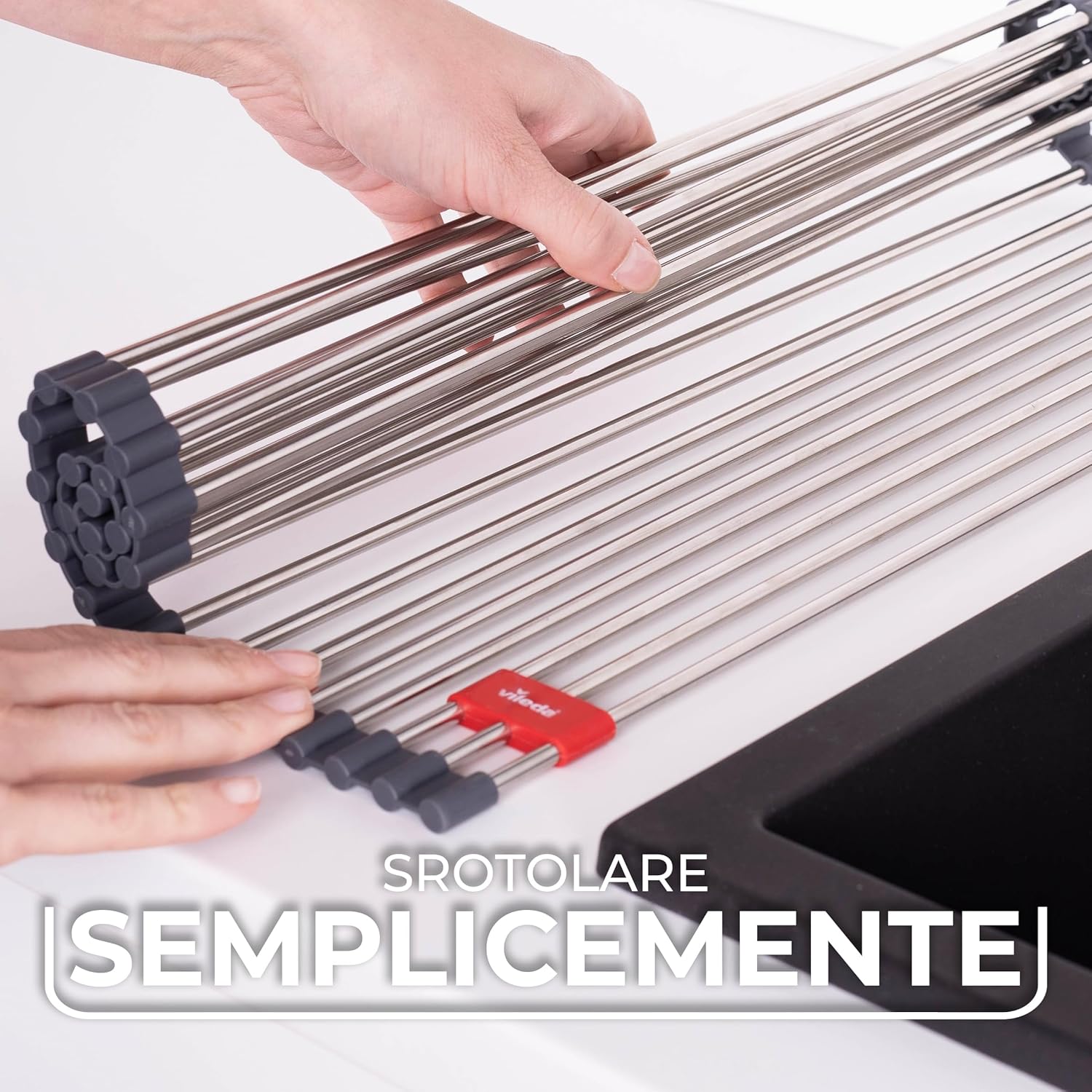 Thumbnail 3 de Scolapiatti arrotolabile per lavello 45x40 cm in acciaio inox e TPE – 24 aste, pieghevole