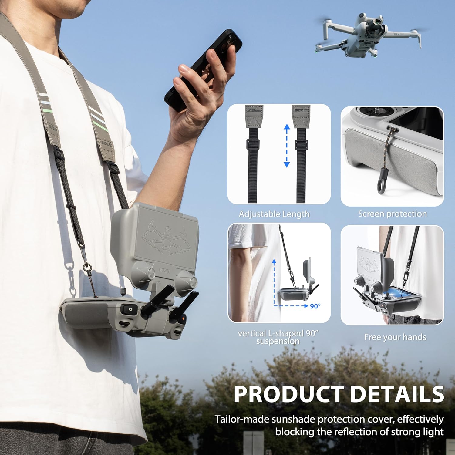 Detalle de STARTRC Mini 5 Pro Sonnenblende mit Gurt für DJI RC 2 & Joystick-Controller (Sonnenschutz für Mini 5/4/3 Pro, Neo, Flip, Air 3/3S, Air 3S Zubehör)