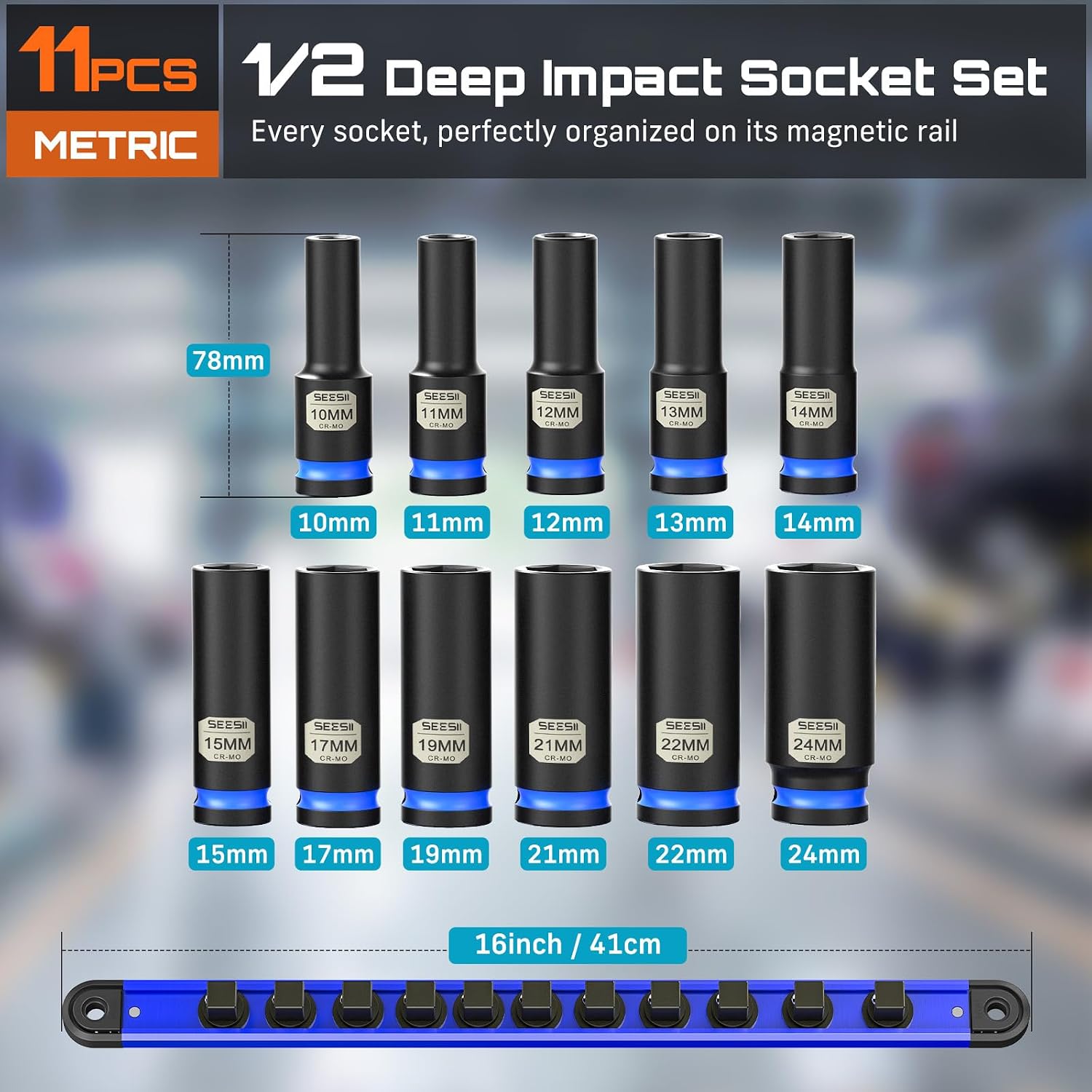 Thumbnail 2 de SEESII CR-MO 1/2" Impact Socket Set, 11pc