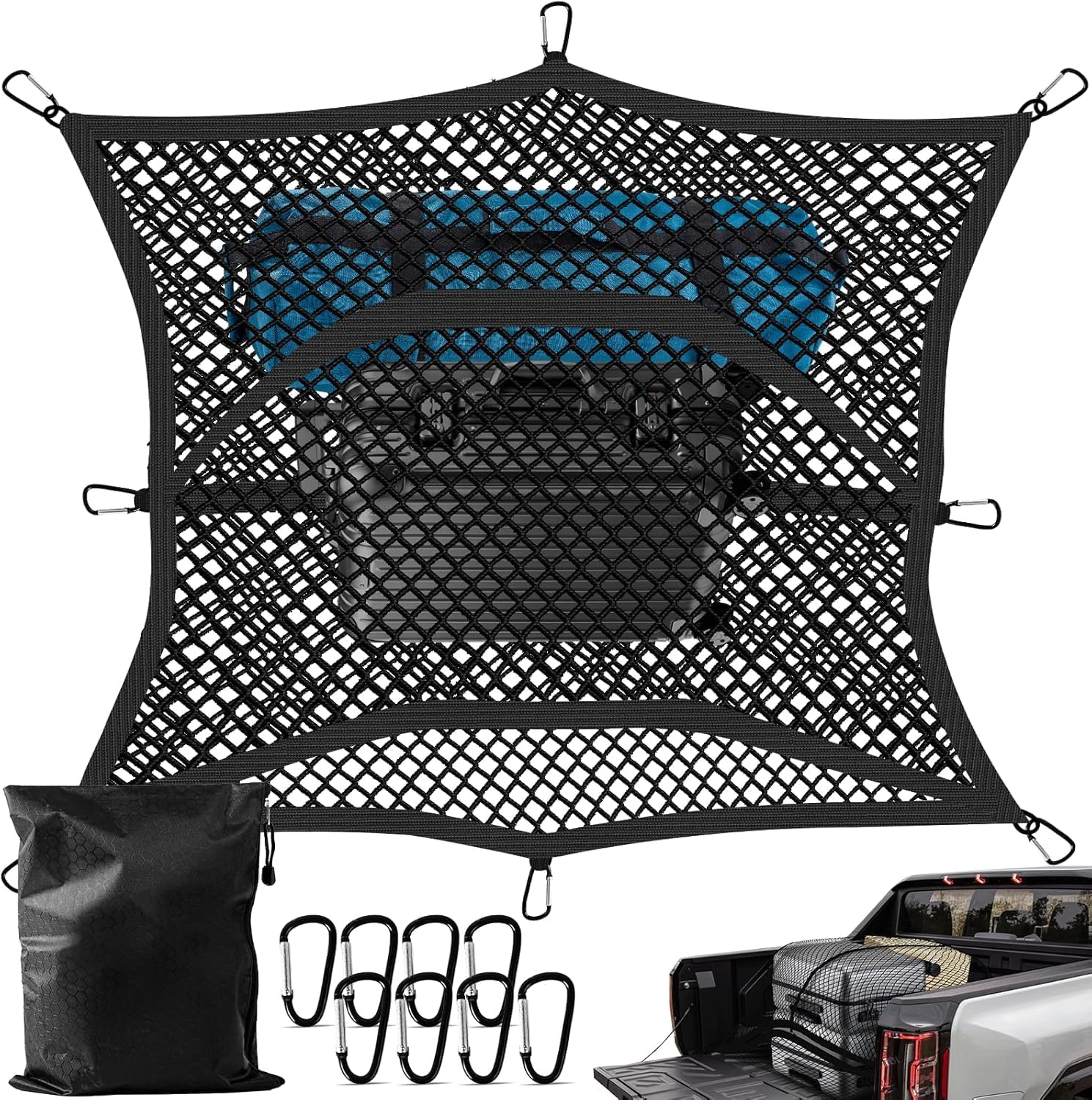 Dayacoco Highly Elastic Cargo Net for Pickup Truck Beds (122x122cm to 213x213cm) with 8 Rustproof Buckles
