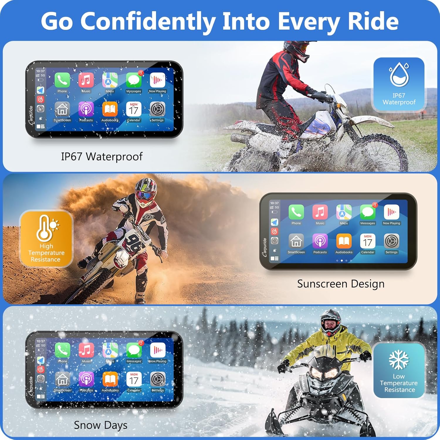Thumbnail 5 de Carpuride W603D: 6,3-Zoll Motorrad-GPS mit Dualkamera, CarPlay/Android Auto und IP67
