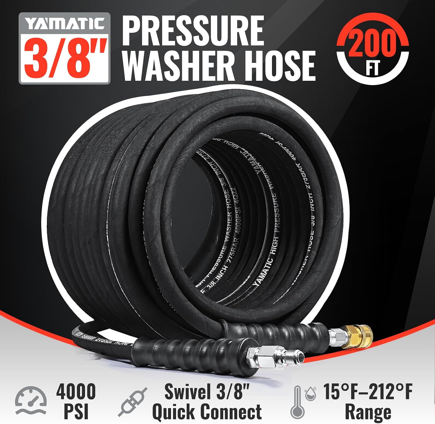 Detalle 2 de YAMATIC 3/8 in Pressure Washer Hose, 200 ft, 4000 PSI, Swivel Connector