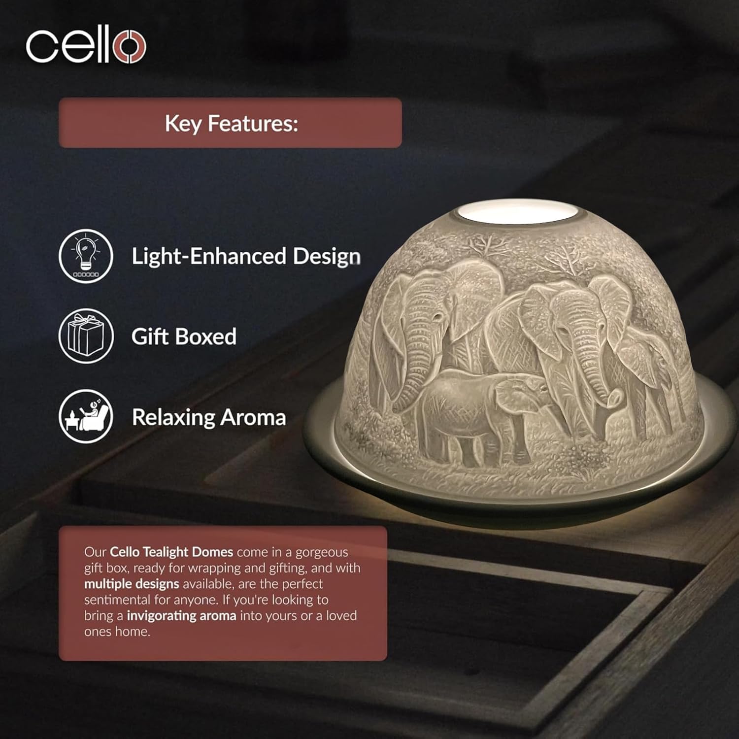 Thumbnail 4 de Cello Porcelain Tealight Holder Dome – Elephant Family 3D Projection Lithophane for LED or Wax Candle
