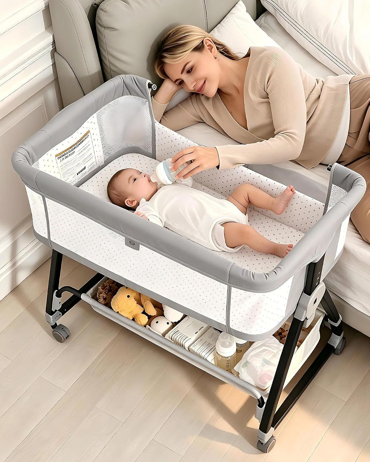 Detalle de feelogos BB-858 Bedside Bassinet with Adjustable Height and Breathable Mesh