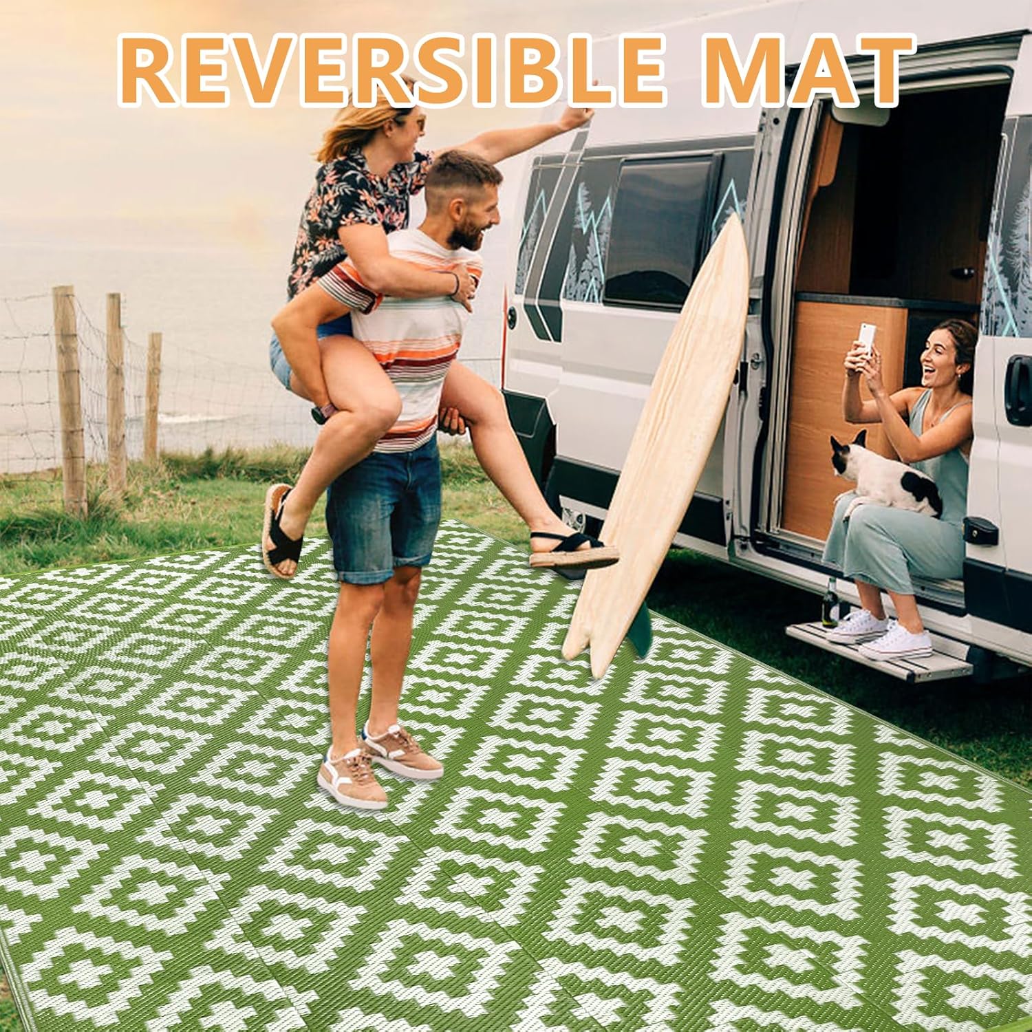 Detalle de Homcomodar Outdoor Rug 270x365cm — Reversible, UV-Resistant Plastic Straw Deck Mat