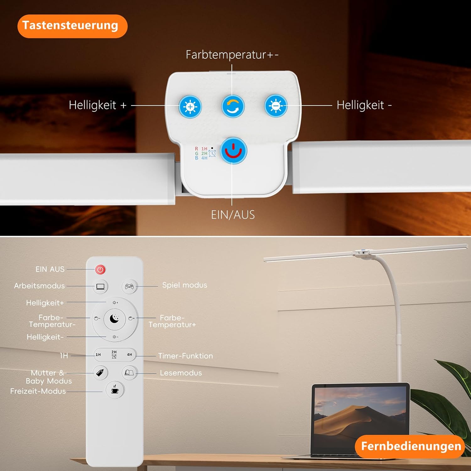 Thumbnail 1 de Doppelkopf Schreibtischlampe LED – dimmbar, 1200 Lumen, 5 Farbtemperaturen und 5 Helligkeitsstufen mit Schwanenhals und Cliphalter