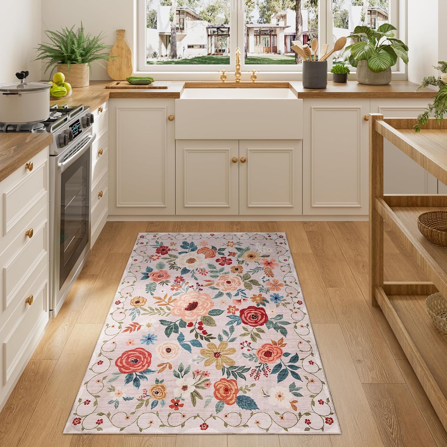 Detalle 2 de DUKINO 3x4 Floral Area Rug, Low Pile Beige 🏠