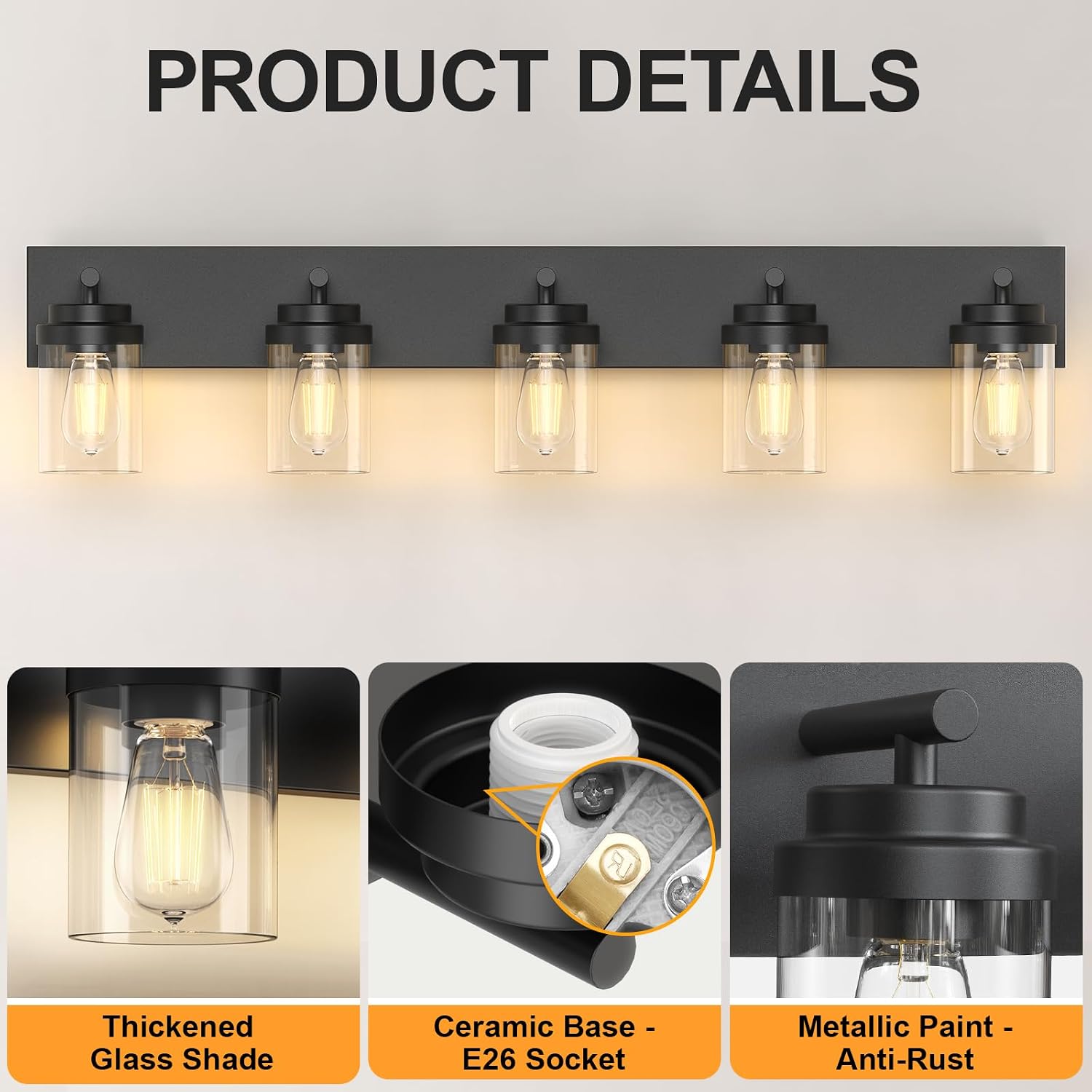 Detalle de IZORRO HL101-5T-CL 5-Light Bathroom Vanity Light, 90 cm, Matte Black