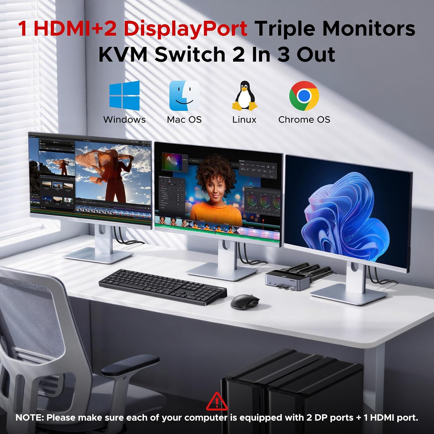 Detalle de UGREEN 8K@60Hz HDMI/DisplayPort KVM Switch for 3 Monitors & 2 Computers