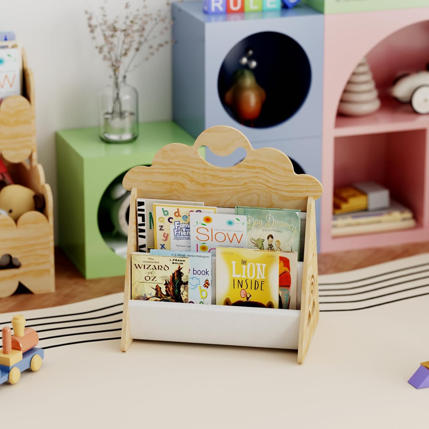 Detalle de Giklux Estantería Infantil de Madera: Montessori, portátil y segura
