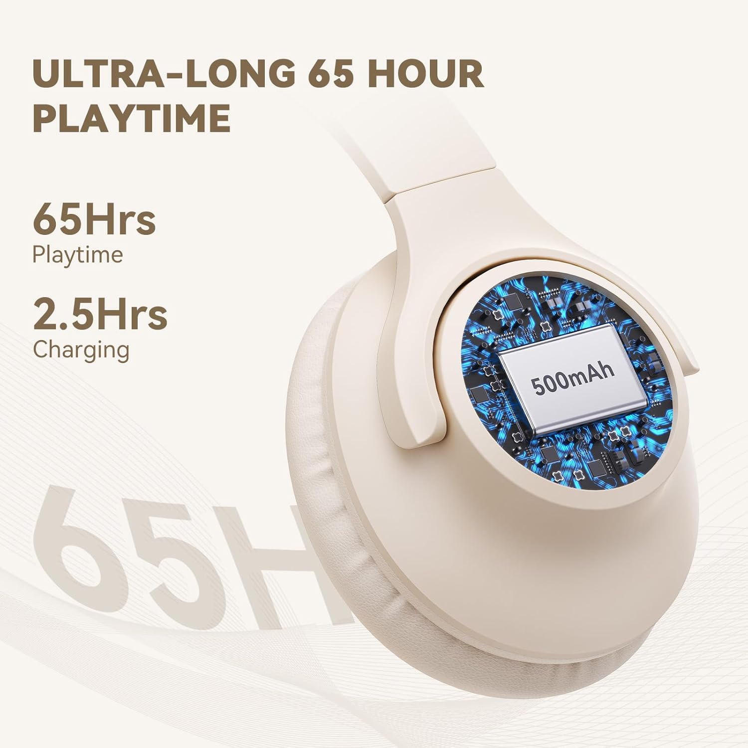 Detalle de KVIDIO Bluetooth Over-Ear Headphones with Mic: 65-Hour Playtime, Foldable Comfort, Deep Bass