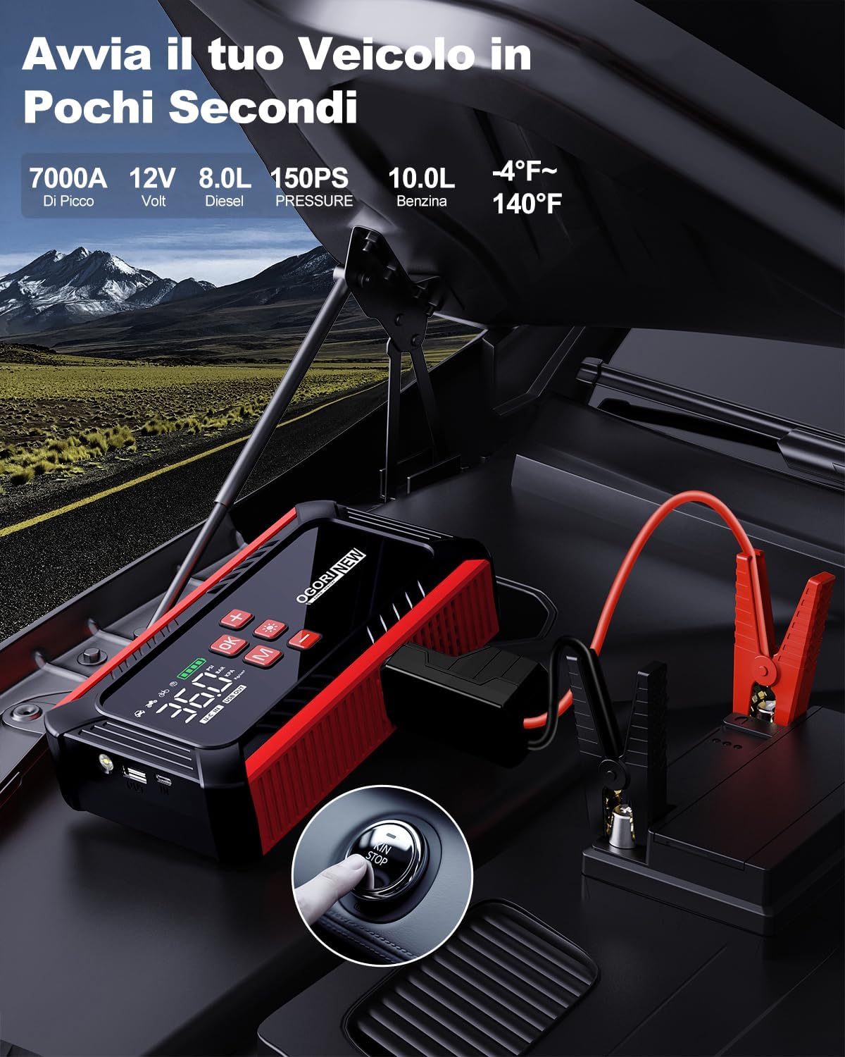 Detalle 2 de OGORI NEW Booster Avviamento Auto con Compressore e Torcia LED da 12V (7000A)
