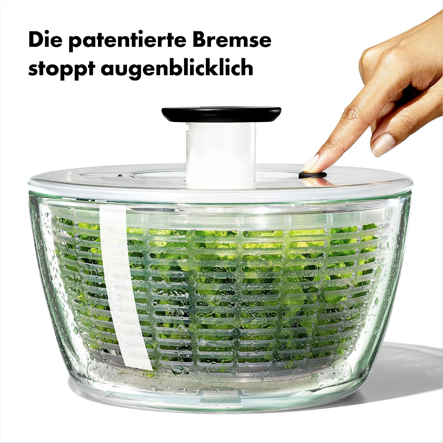 Detalle de OXO Good Grips Salatschleuder aus Glas mit Einhand-Pumpe und integrierter Bremse
