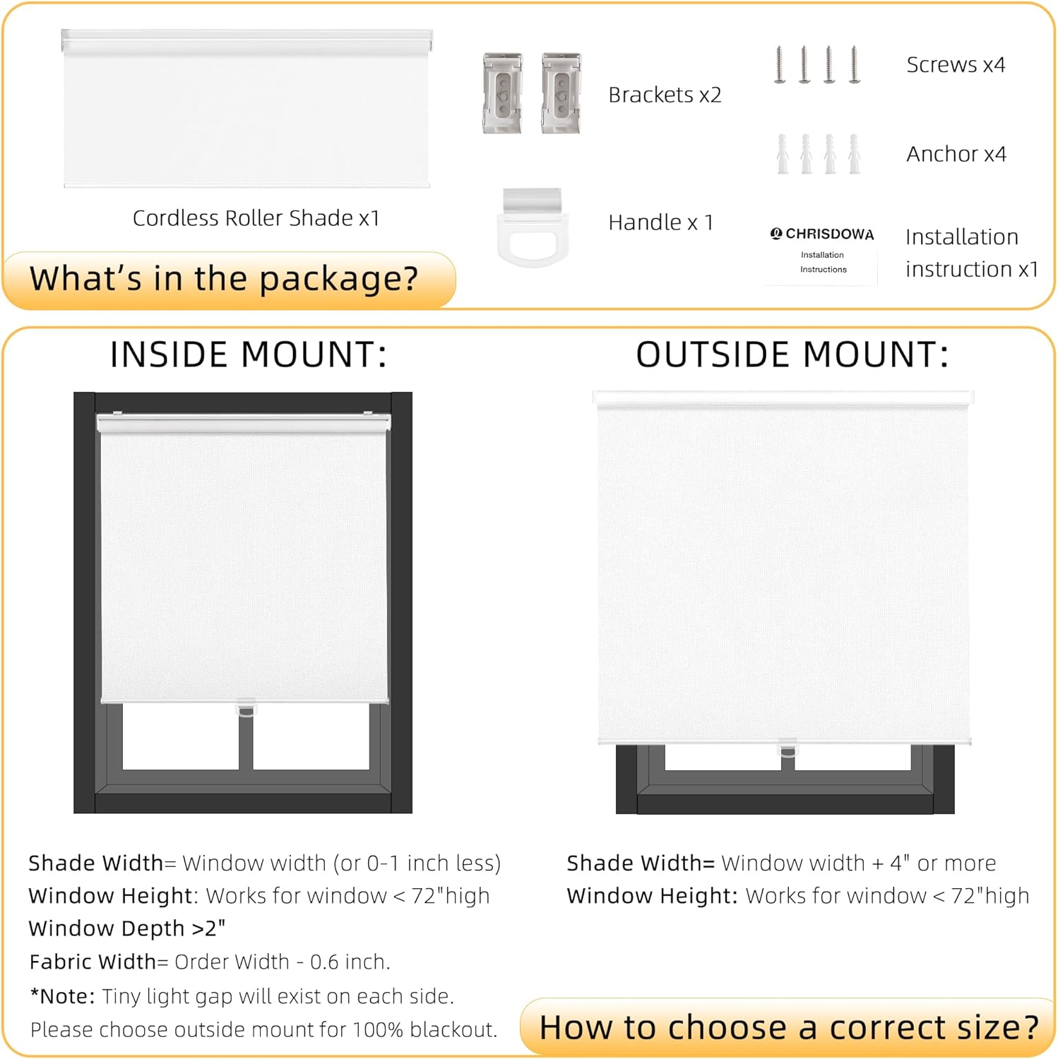 Detalle de ChrisDowa Cordless Blackout Roller Shades (30" W x 72" H, White)