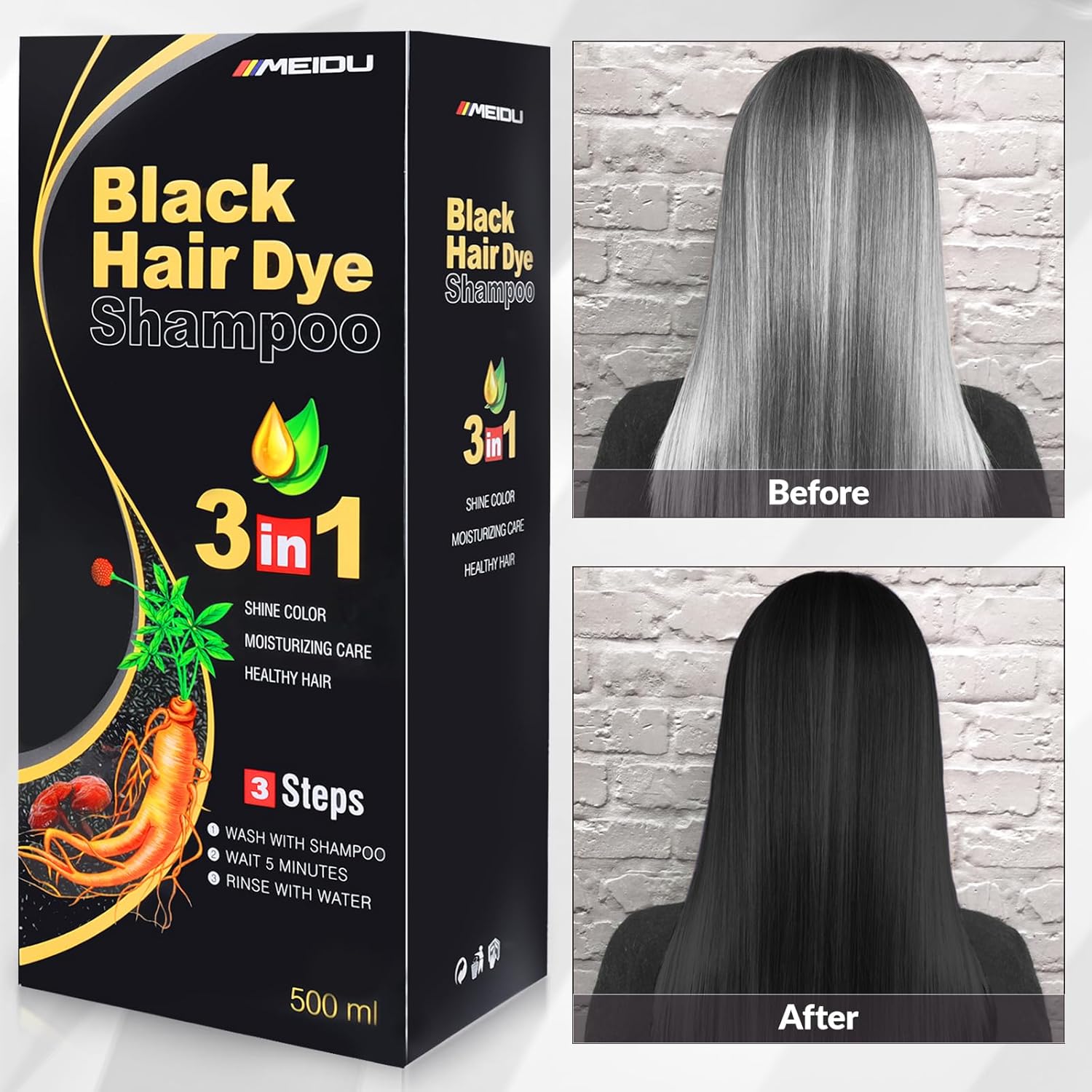 Thumbnail 1 de MEIDU Black Hair Dye Shampoo 3-in-1 (Gray Coverage) Herbal Formula, 500ml/16.9oz