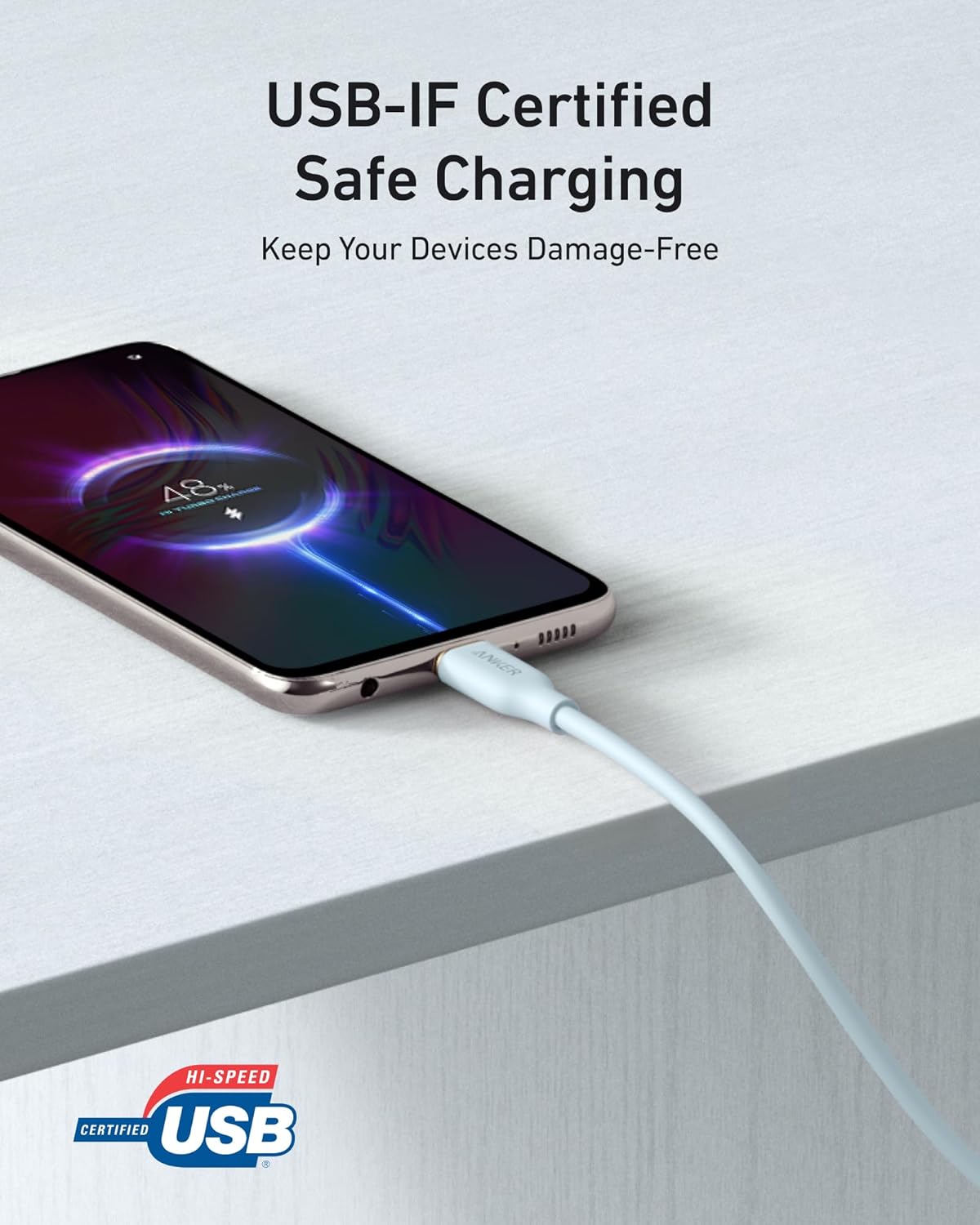 Detalle de Anker Type C Cable (6 ft) USB-A to USB-C Flow Cord – Fast Charging, Silicone, Blue