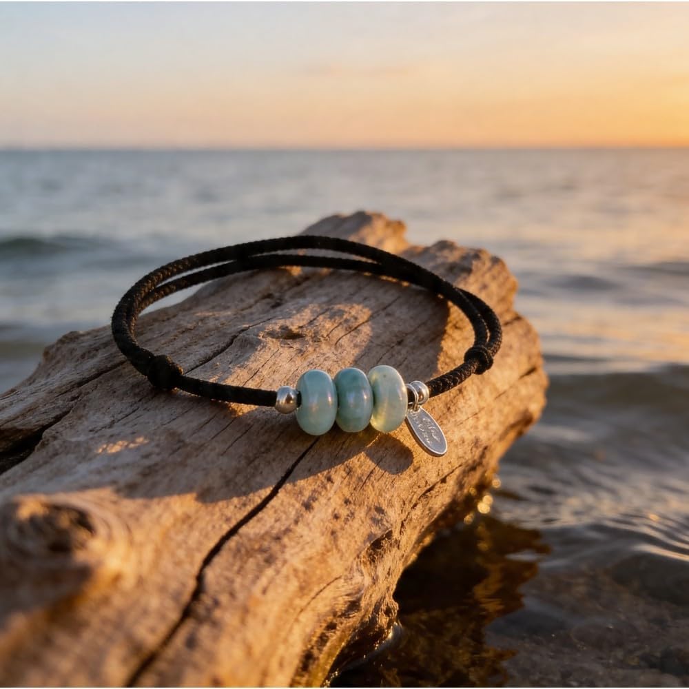Thumbnail 2 de LES POULETTES BIJOUX Bracciale Filo Nero con 3 anelli di Larimar e perle in Argento 925