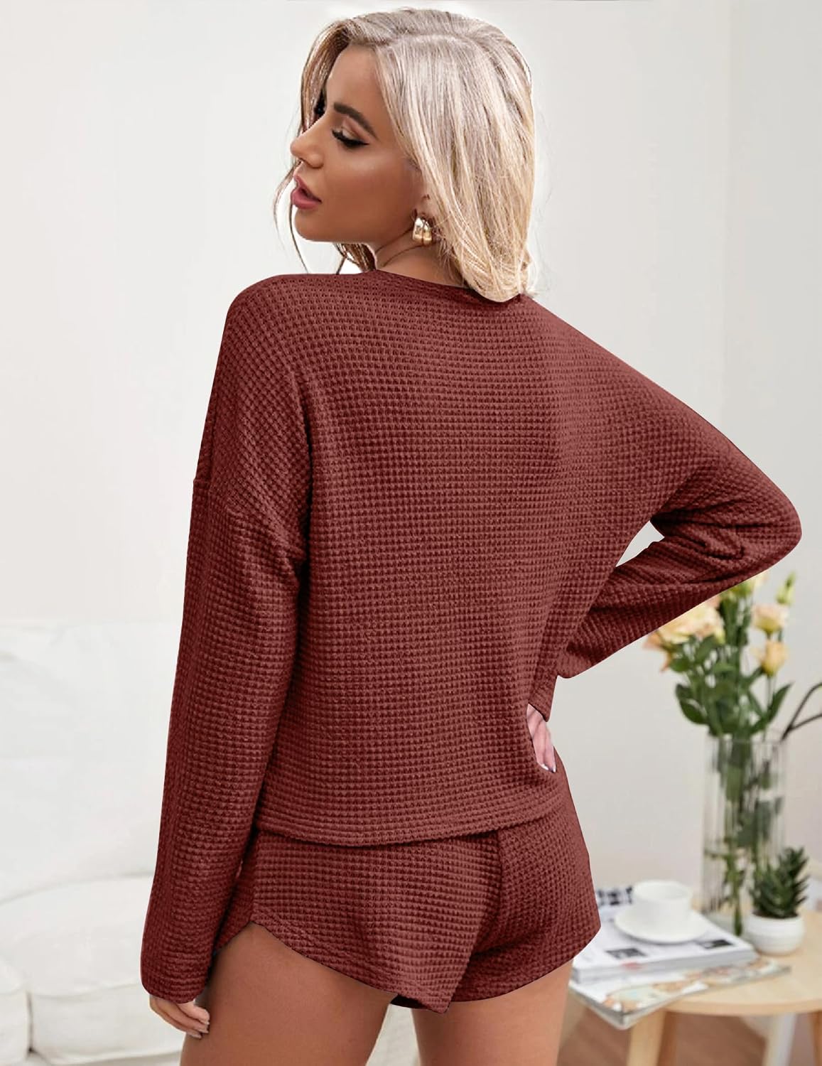 Detalle de Ekouaer Ensemble Pyjama Femme à Manches Longues Gaufre — Haut + Bas avec Poches (2 pièces) - S à XXL