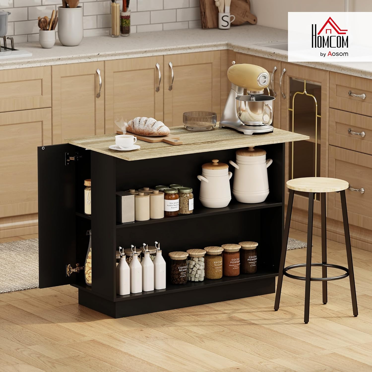 Thumbnail 1 de HOMCOM desserte d’îlot de cuisine 105 x 60 cm, plan de travail effet bois, 2 placards et étagères réglables