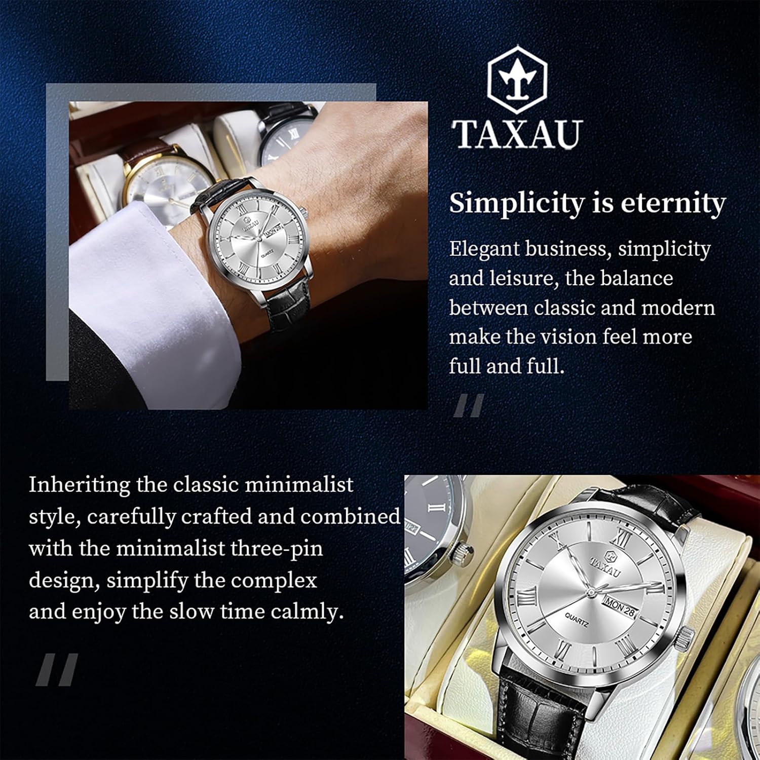 Detalle de Taxau Herrenarmbanduhr aus Leder mit großem Zifferblatt, Quarzwerk, Datum und 3ATM-Schutz