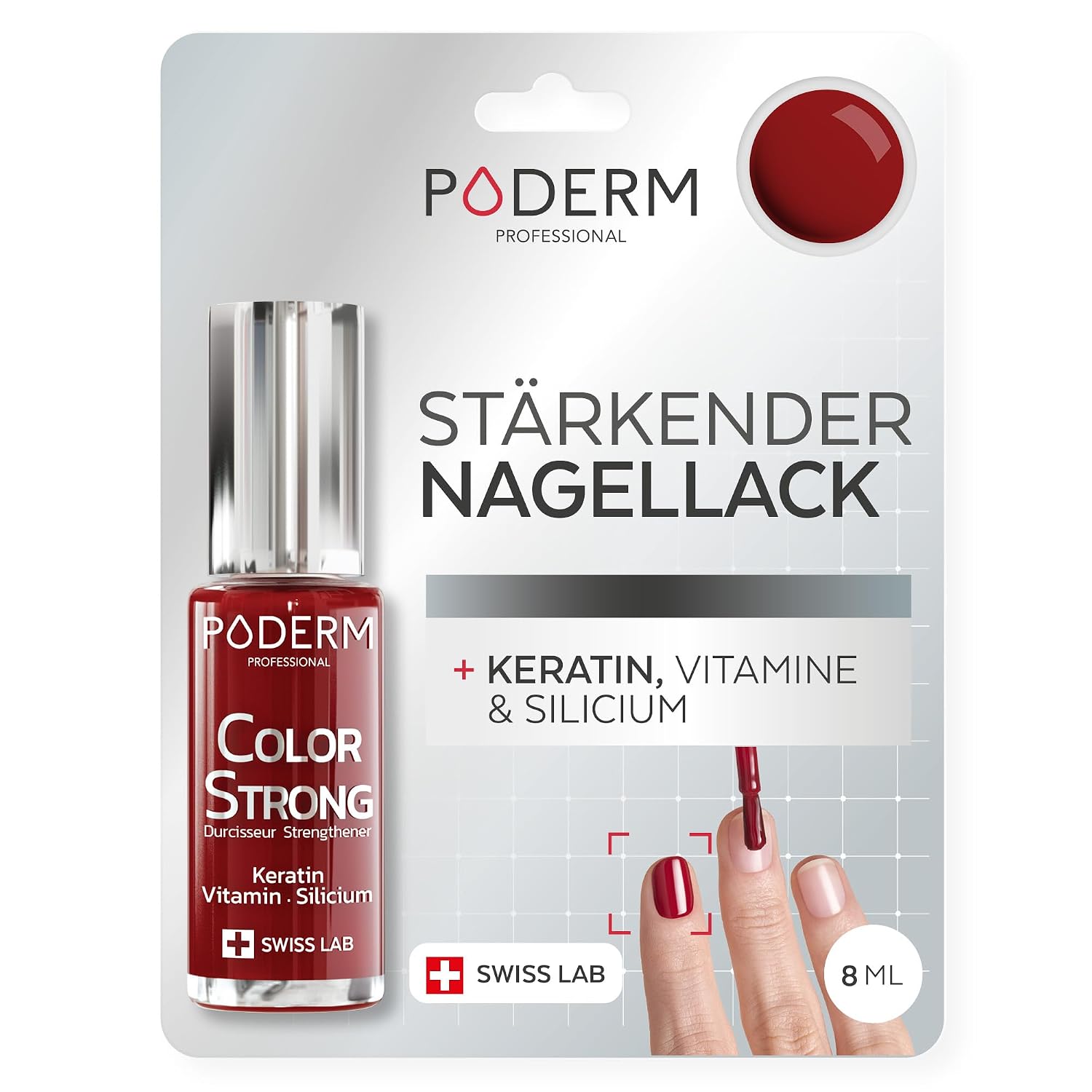 Detalle de PODERM Nagelhärter Lack Allurarot – Stärkt und repariert brüchige Nägel, entwickelt von einem Podologen (Schweiz)