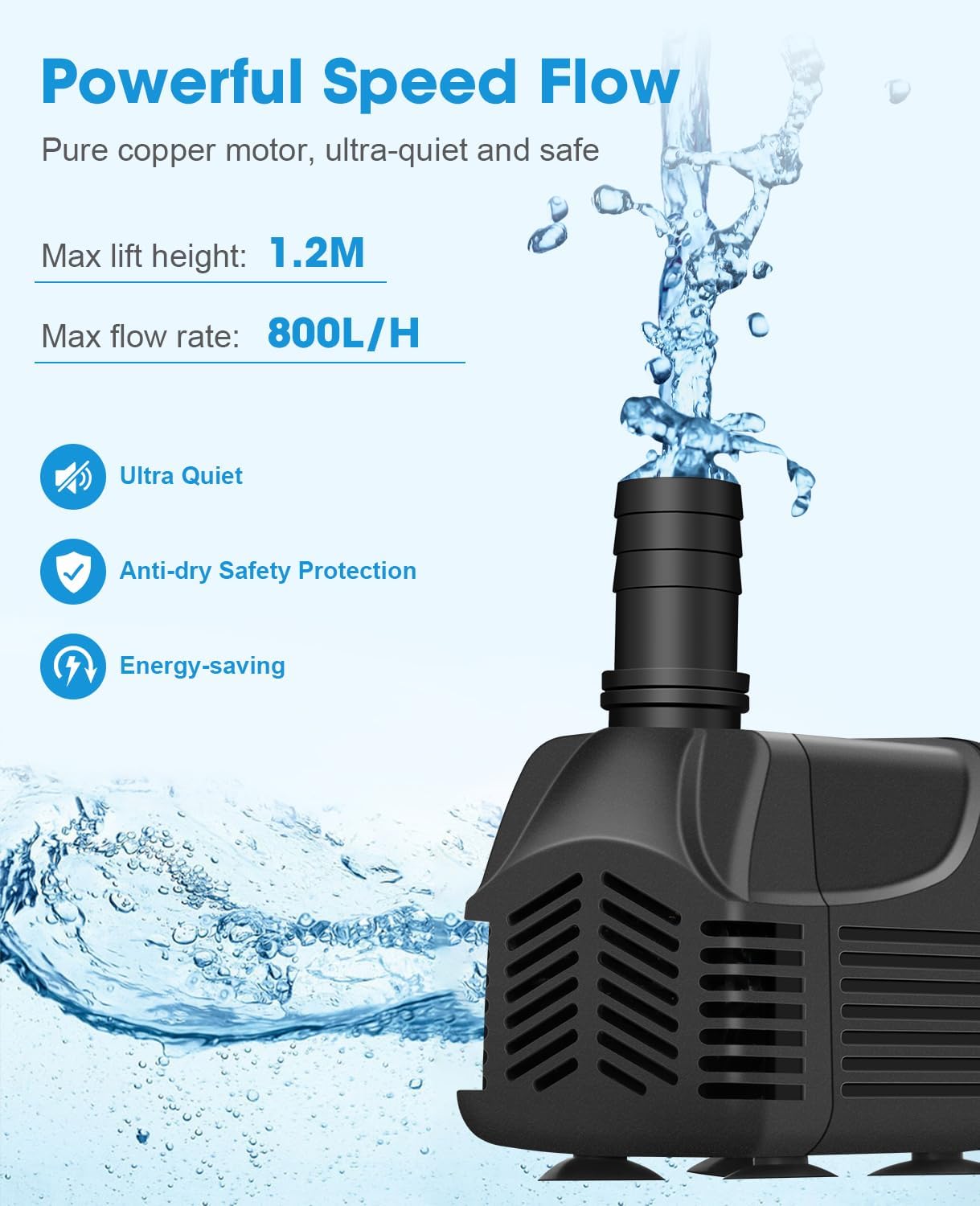 Detalle de Wasserpumpe Klein Tauchpumpe 800 L/h – kompakte Tauchpumpe mit 2,5 m Kabel, 1,5 m Schlauch und zwei Düsen
