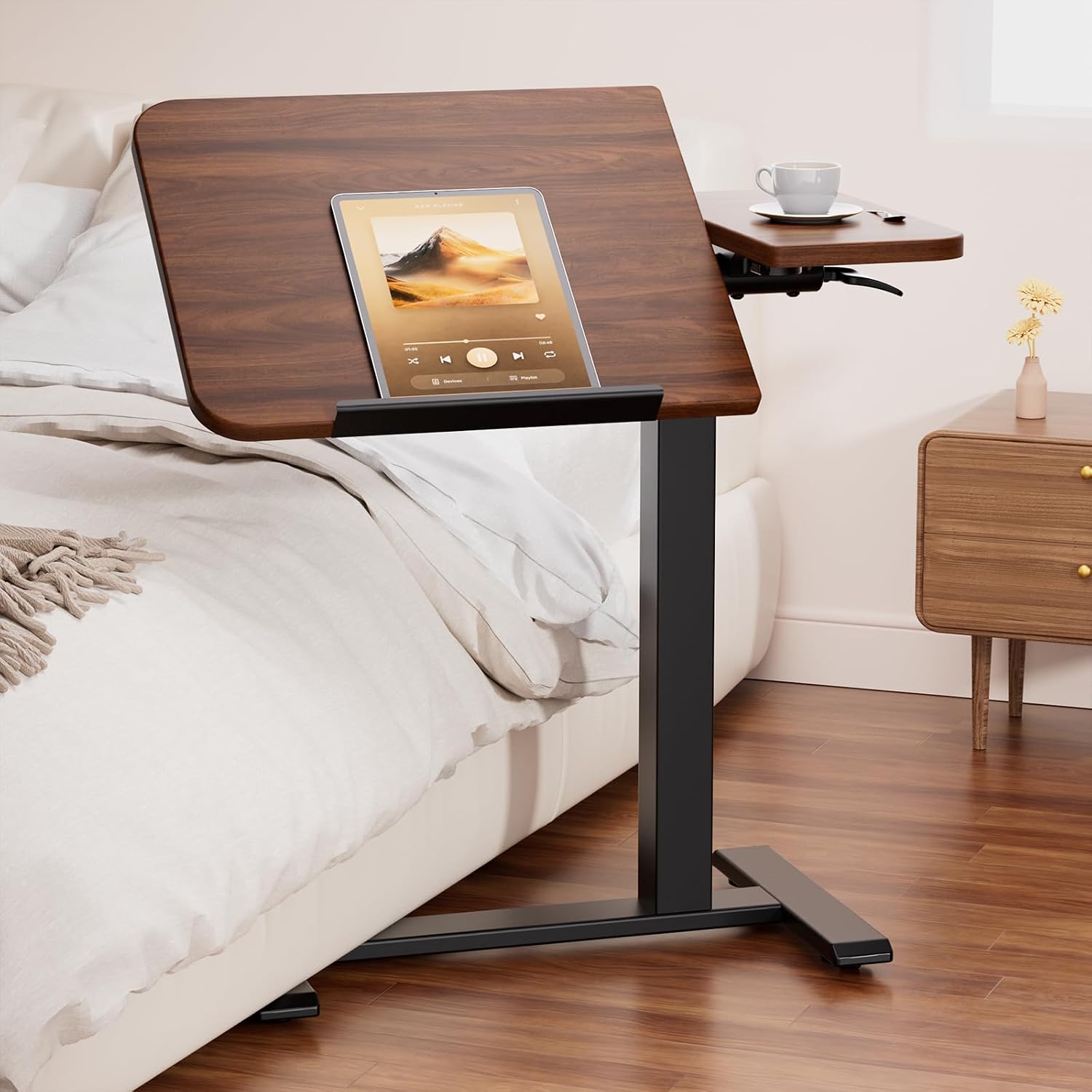 COMHOMA LT003-COM Tilting Overbed Desk, Pneumatic Height Adjustment, Walnut