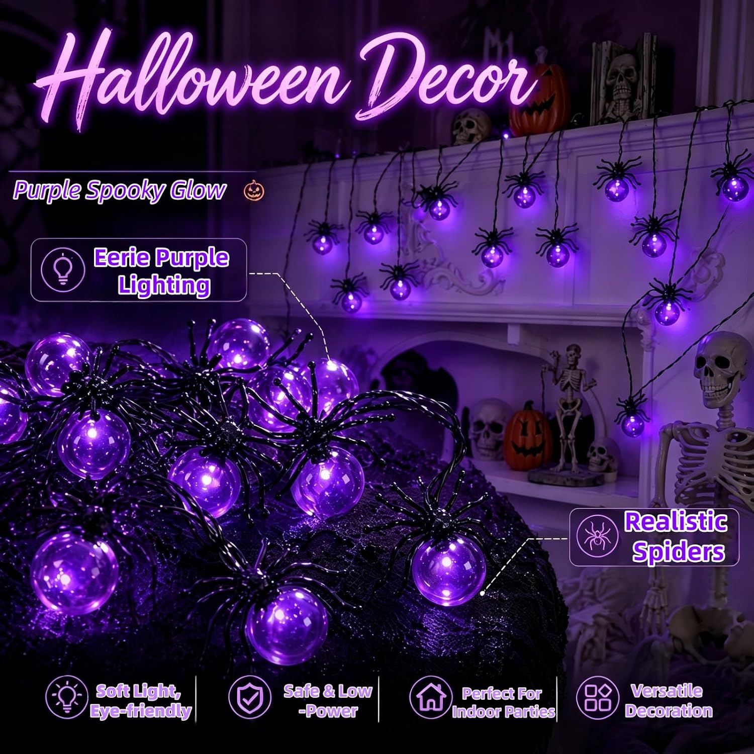 Detalle 2 de Lerphado SSL-001 Purple Spider Halloween String Lights, 10 ft, 20 LEDs