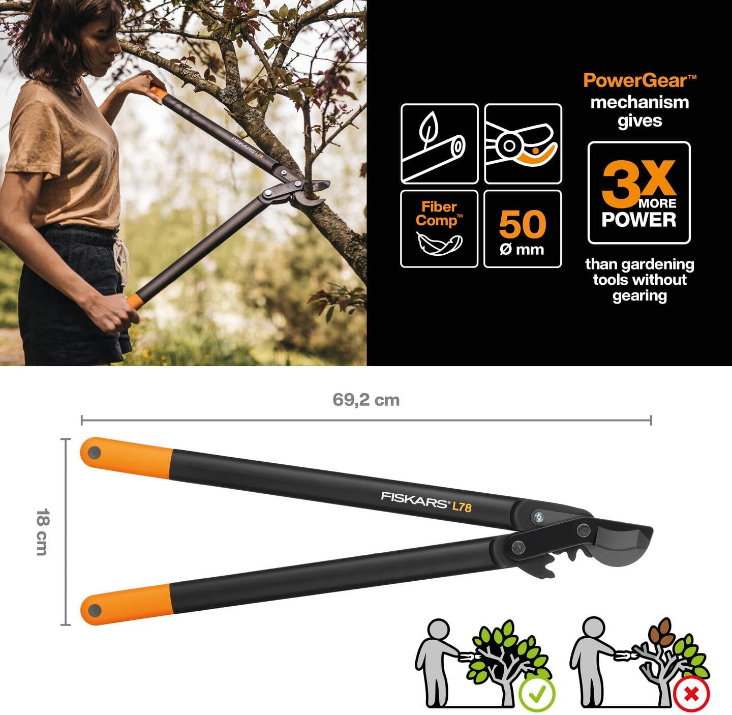 Thumbnail 1 de Fiskars PowerGear II Bypass-Getriebeastschere L78 – 70 cm, Antihaftbeschichtet, rostdichter Präzisionsstahl