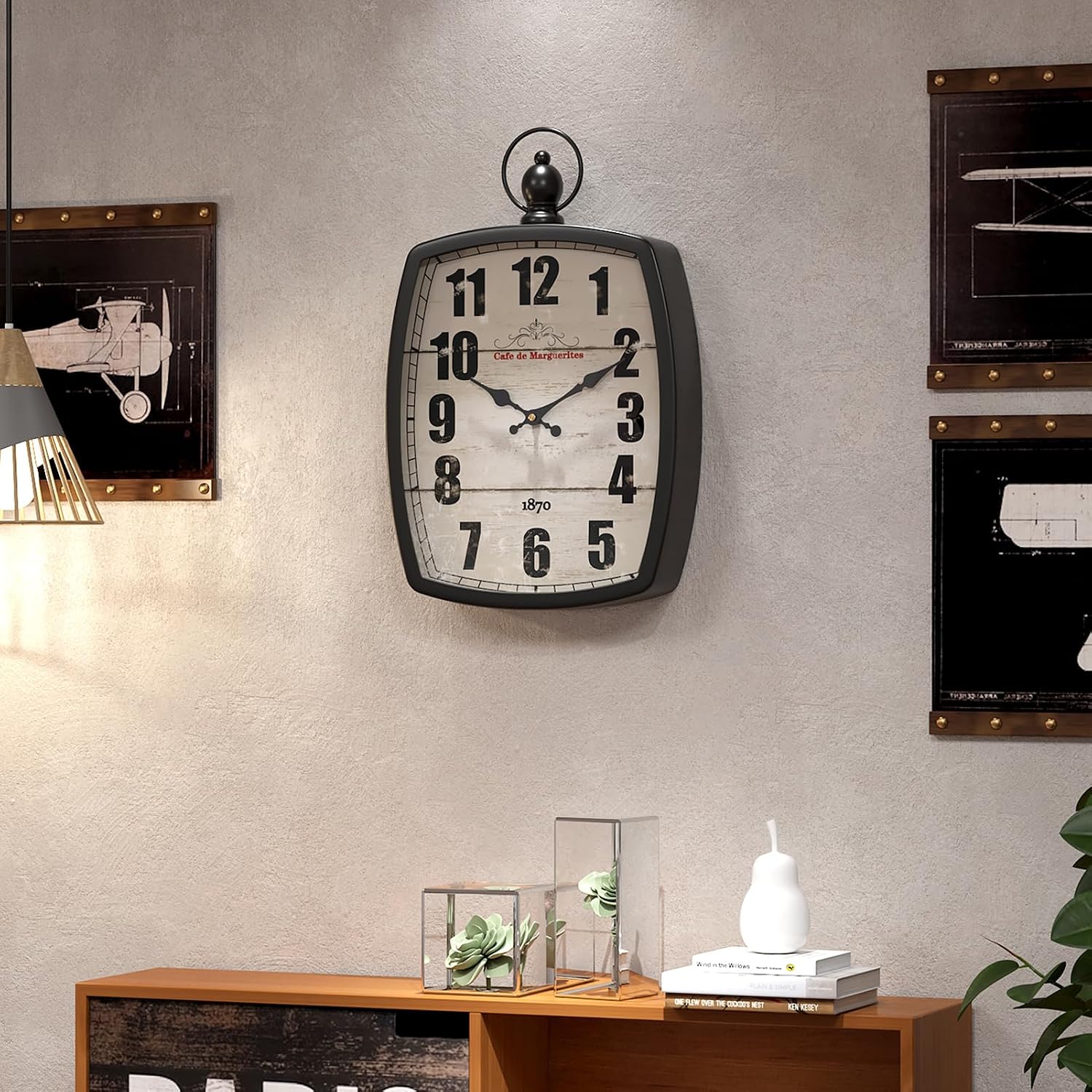 Detalle 2 de Menterry prostokątny zegar ścienny retro 39,5 × 26 cm, cichy, na baterię