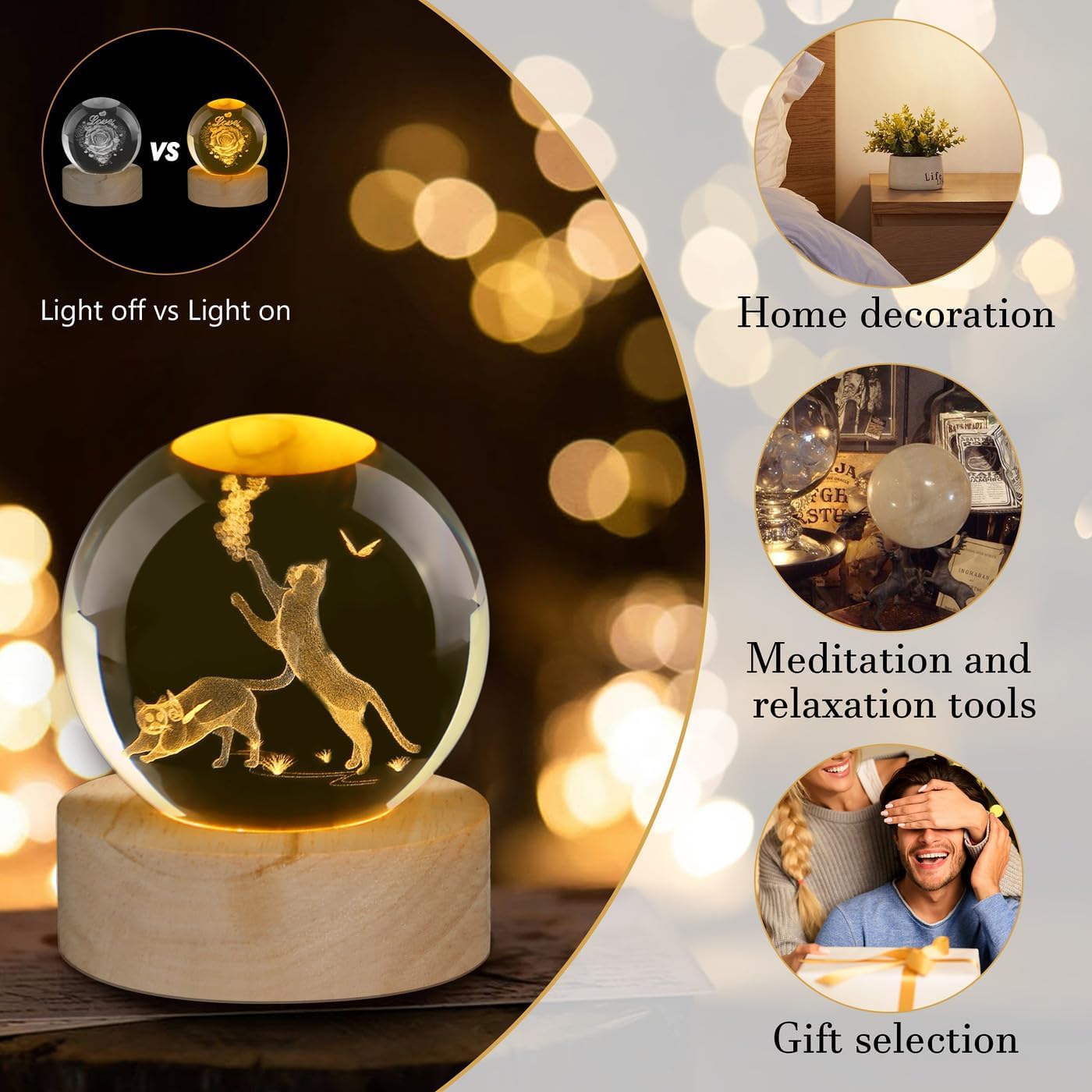 Thumbnail 5 de AWARDSEN 3D Crystal Ball Cat Ornament with Wooden Base – Subtle Night Light & Desk Decor