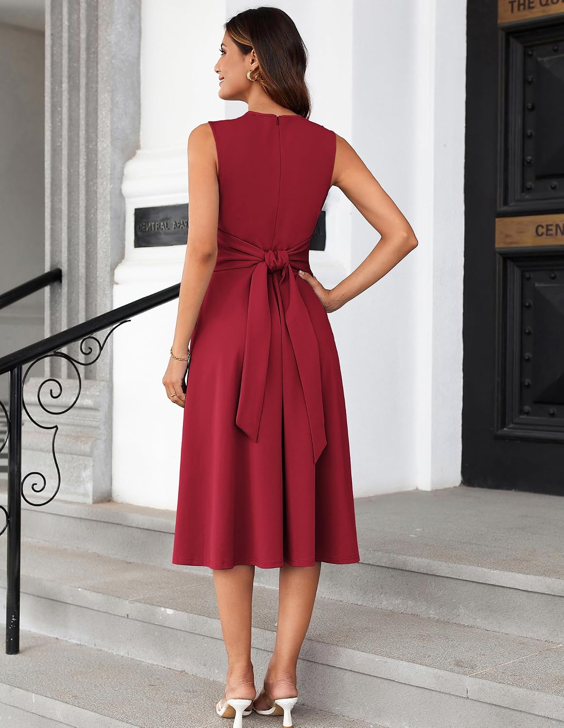 Detalle de GRACE KARIN Damen A-Linien-Midikleid Ärmelloses Rundhalskleid mit Gürteltaschen – vielseitiges Allround-Kleid