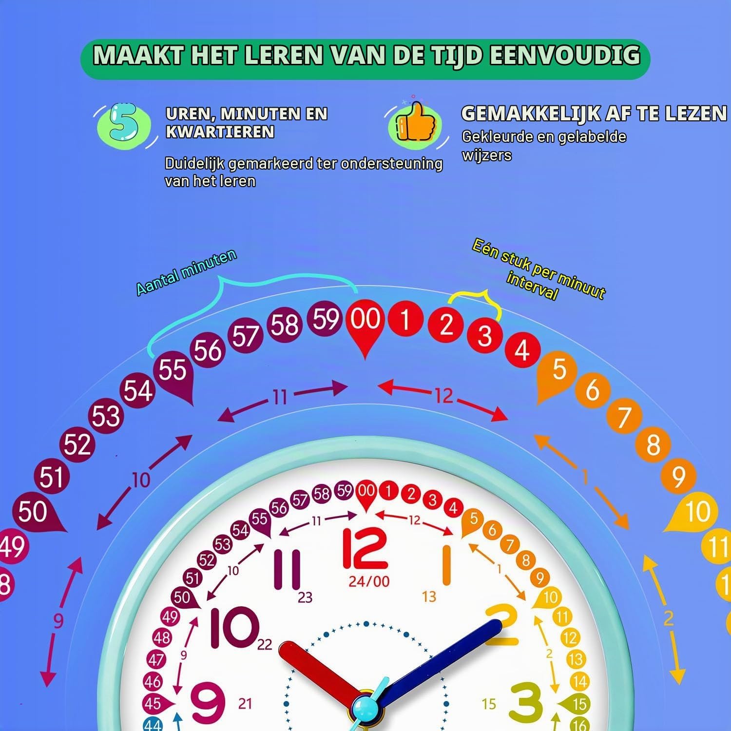 Detalle de Azxb kinderwekker, stille analoge klok met gekleurde wijzers en nachtlampje