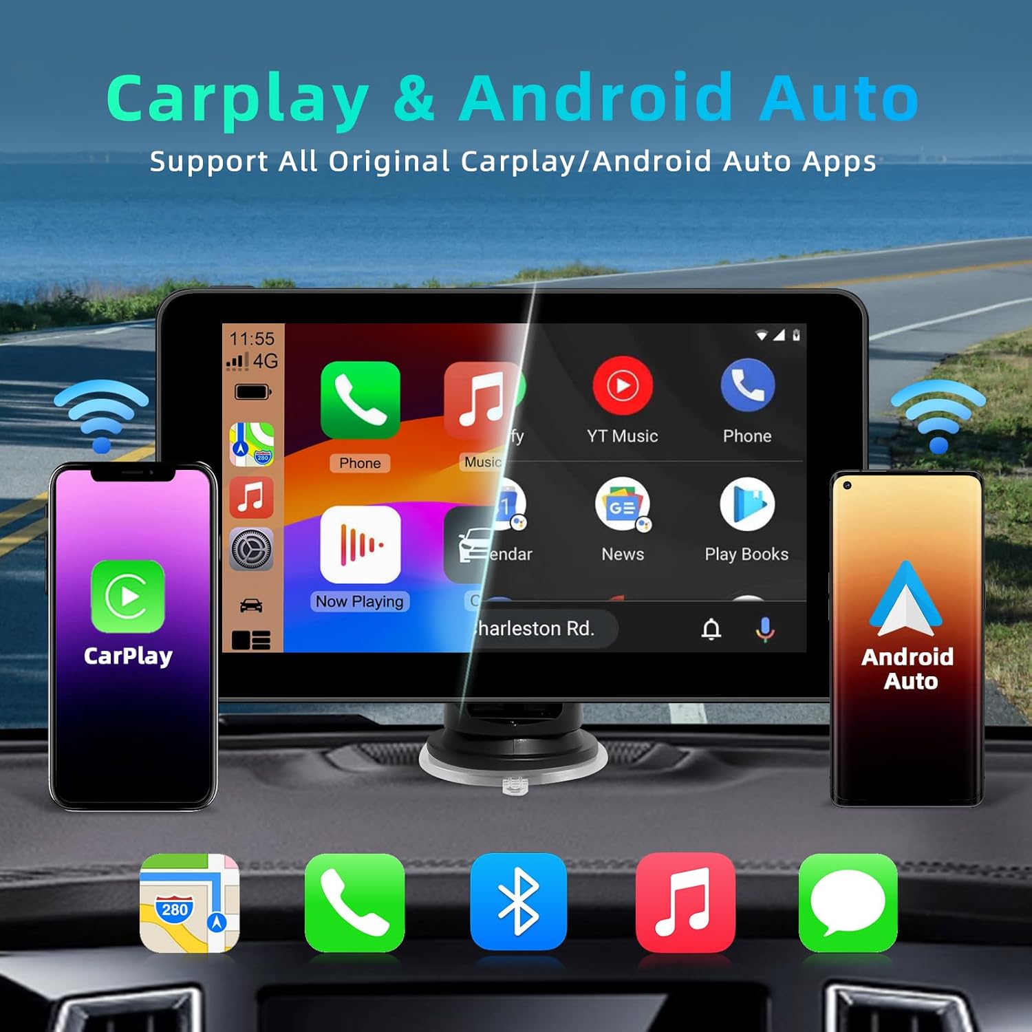 Thumbnail 1 de Android Auto Display & Carplay Display (7 Zoll) mit Bluetooth, Sprachsteuerung, AUX, FM und Wireless CarPlay